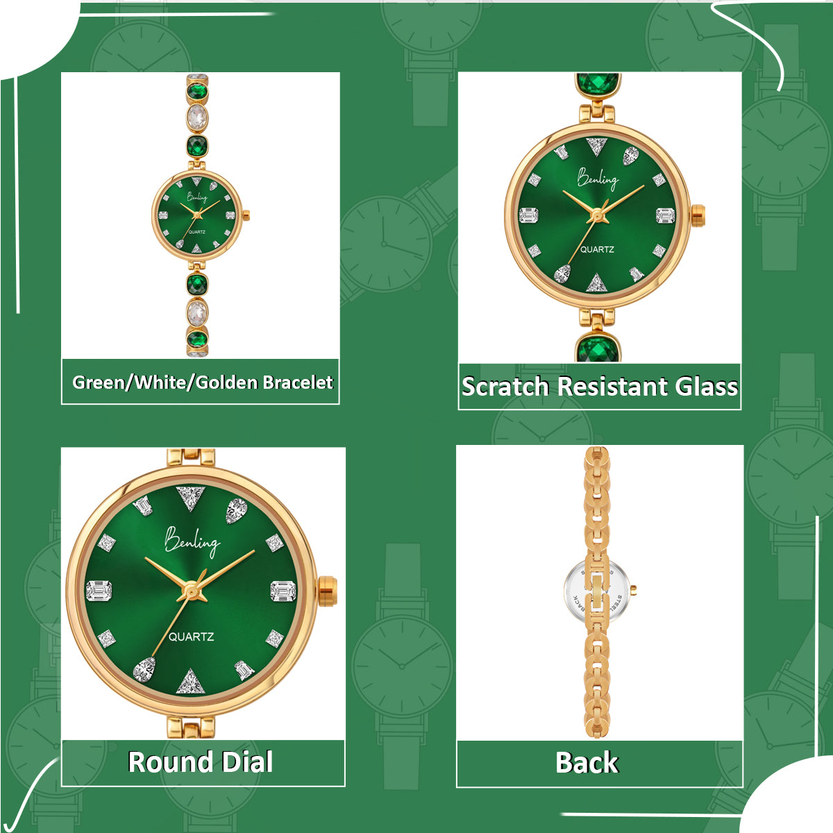 Benling Crystal-Studded Quartz Watch for Women – Luxury Design with Sparkling Stones - - with Pearl Box and Bracelet Benling