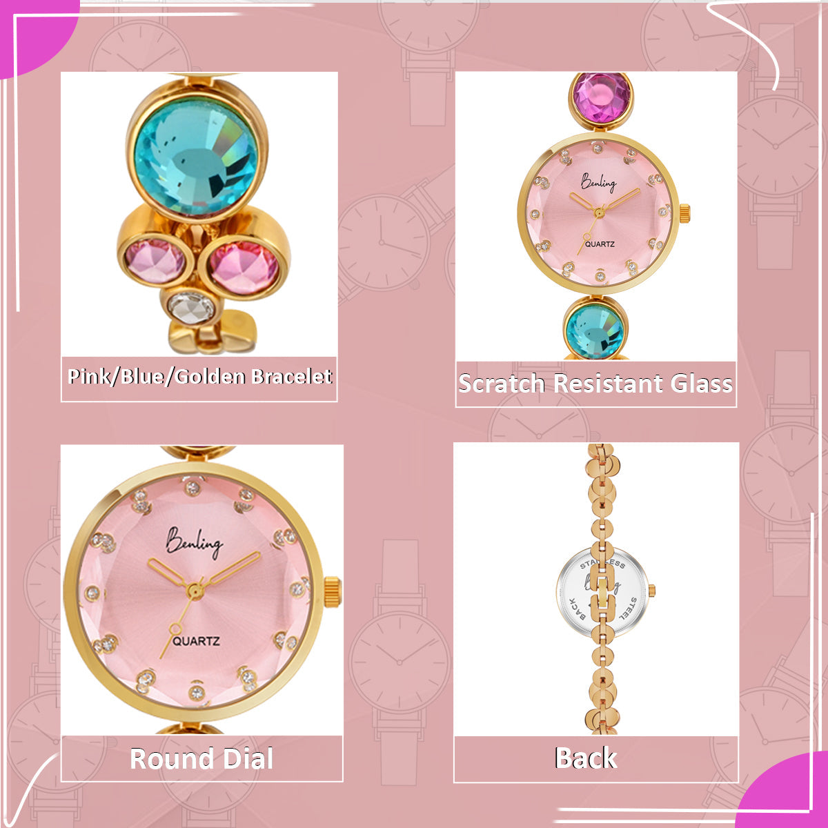 Benling Women's Quartz Watch - with Sapphire Crystal Glass - with Pearl Box and Bracelet