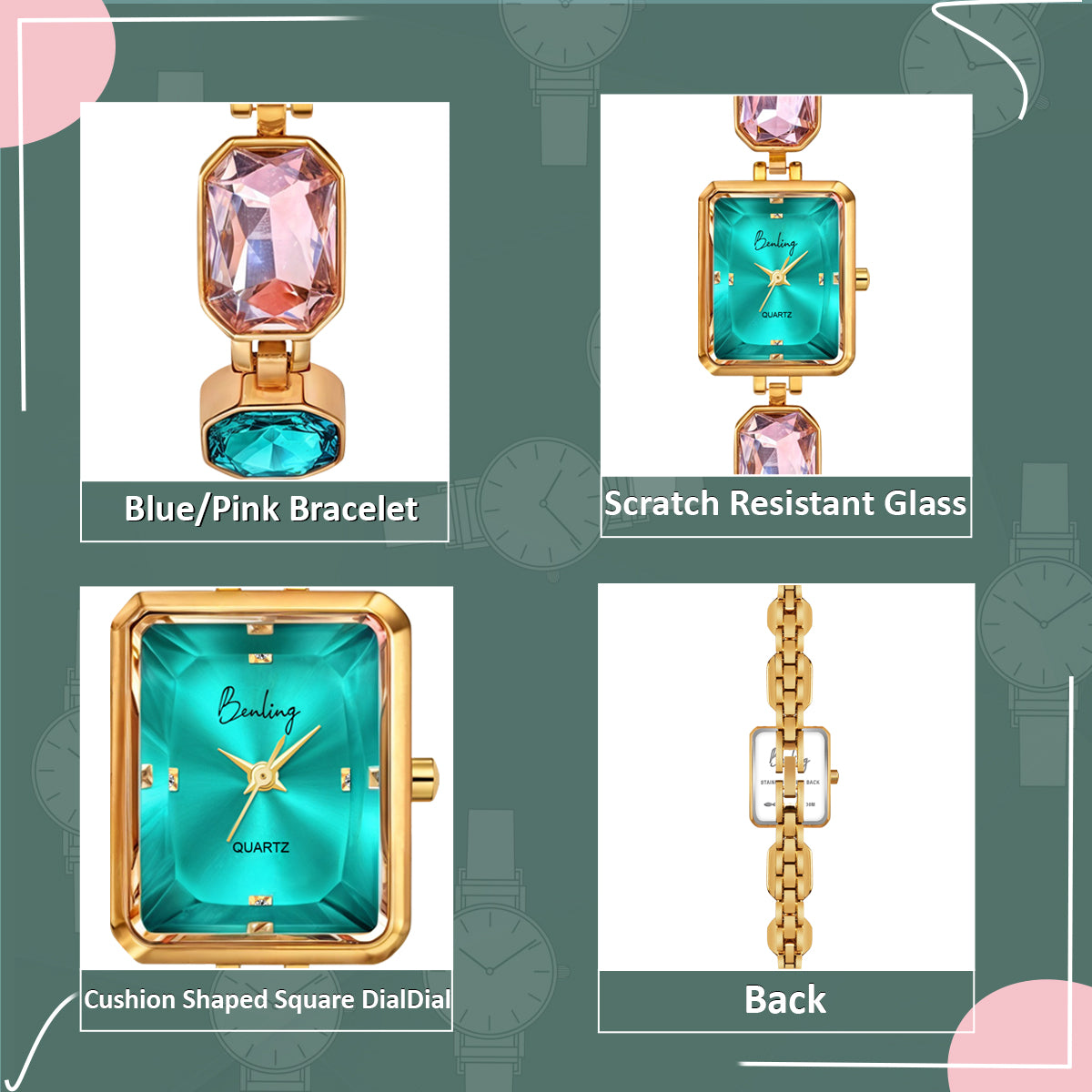 Benling Square Gemstone Dial Watch - Luxurious Wrist Watch for Women