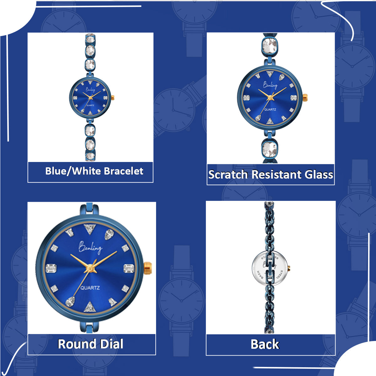 Benling Crystal-Studded Quartz Watch for Women – Luxury Design with Sparkling Stones - with Pearl Box and Bracelet