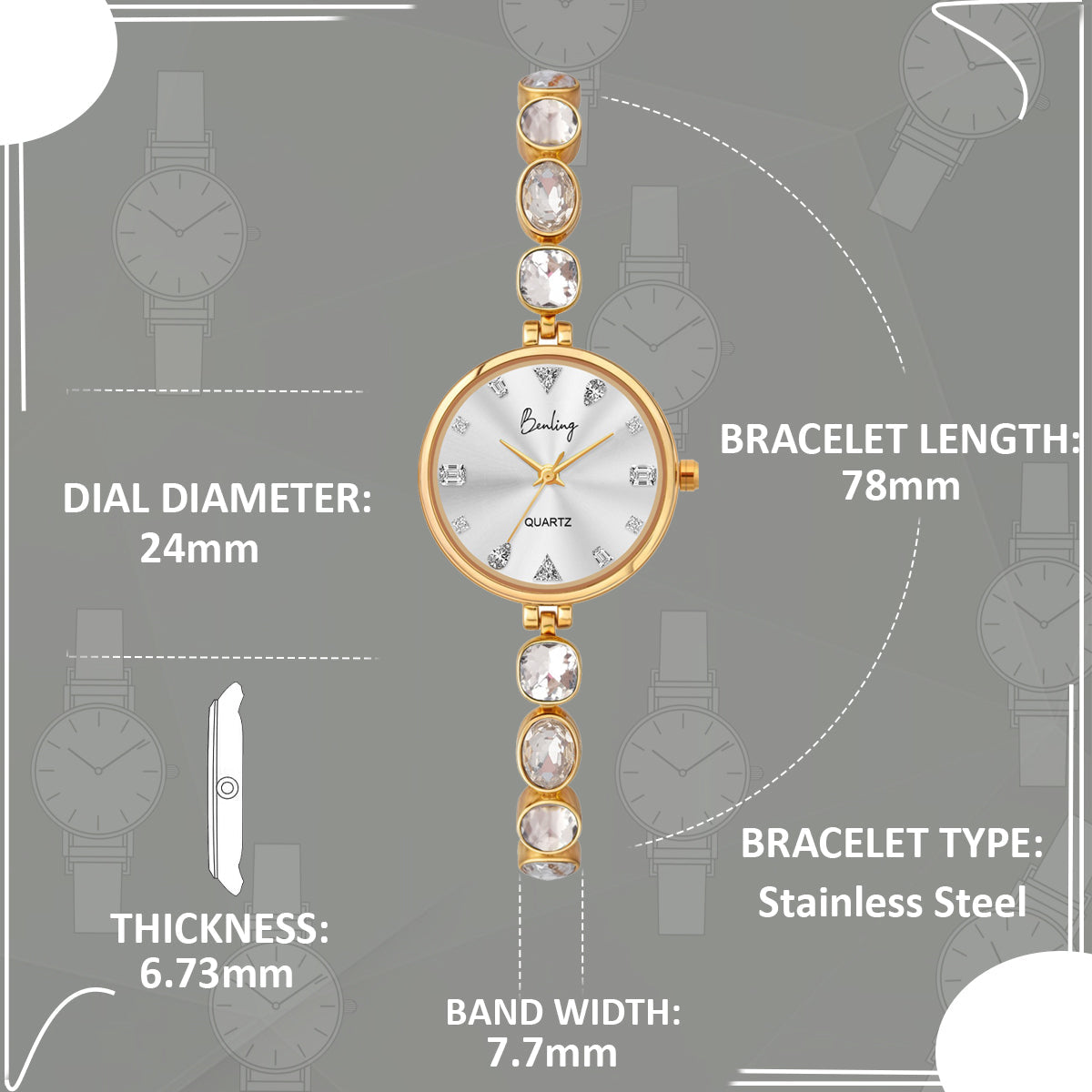 Benling Crystal-Studded Quartz Watch for Women – Luxury Design with Sparkling Stones - with Pearl Box and Bracelet