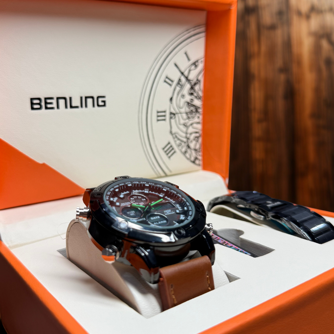 Benling Iconic Ana-Digital Watch for Men – Now with Stainless Steel Chain and Leatherette Strap | EL Backlight | Dual Time