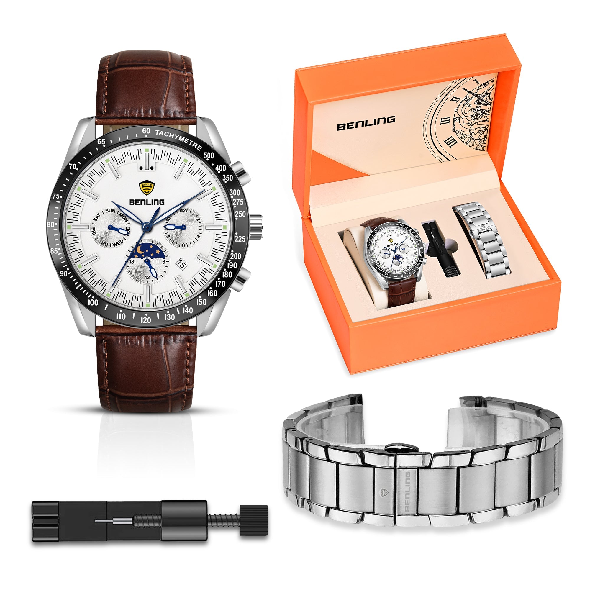 Benling Legacy Chrono Automatic Watch for Men with Interchangeable Leather Strap & Stainless Steel Chain –  A Masterpiece of Mechanical Precision