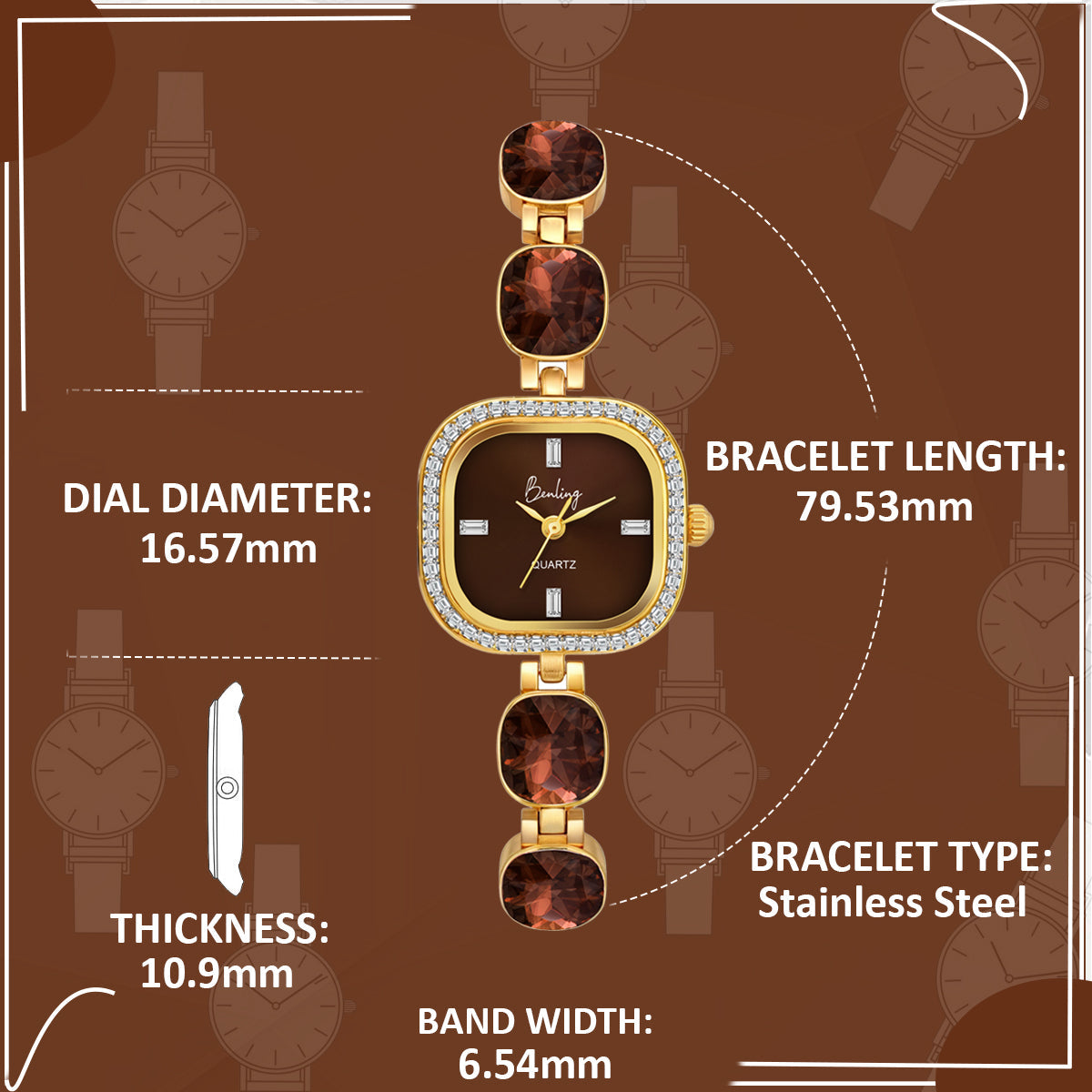 Benling Women's Quartz Watch with Gold Bracelet and Crystal Accents - Gift Set with Pearl Box and Bracelet