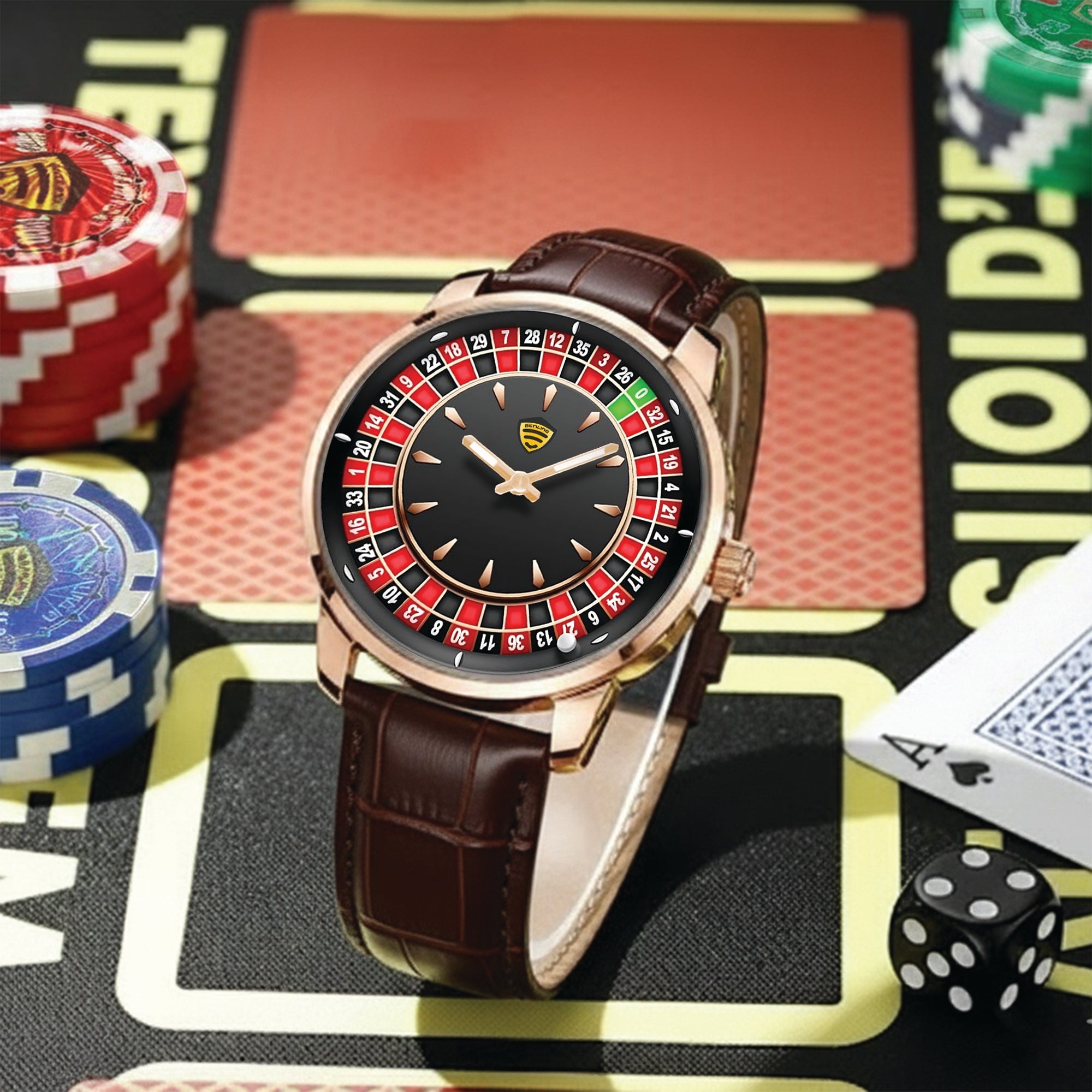 Benling Casino Series – Roulette Quartz Watch with Premium Casino Chips & Roulette Game Map