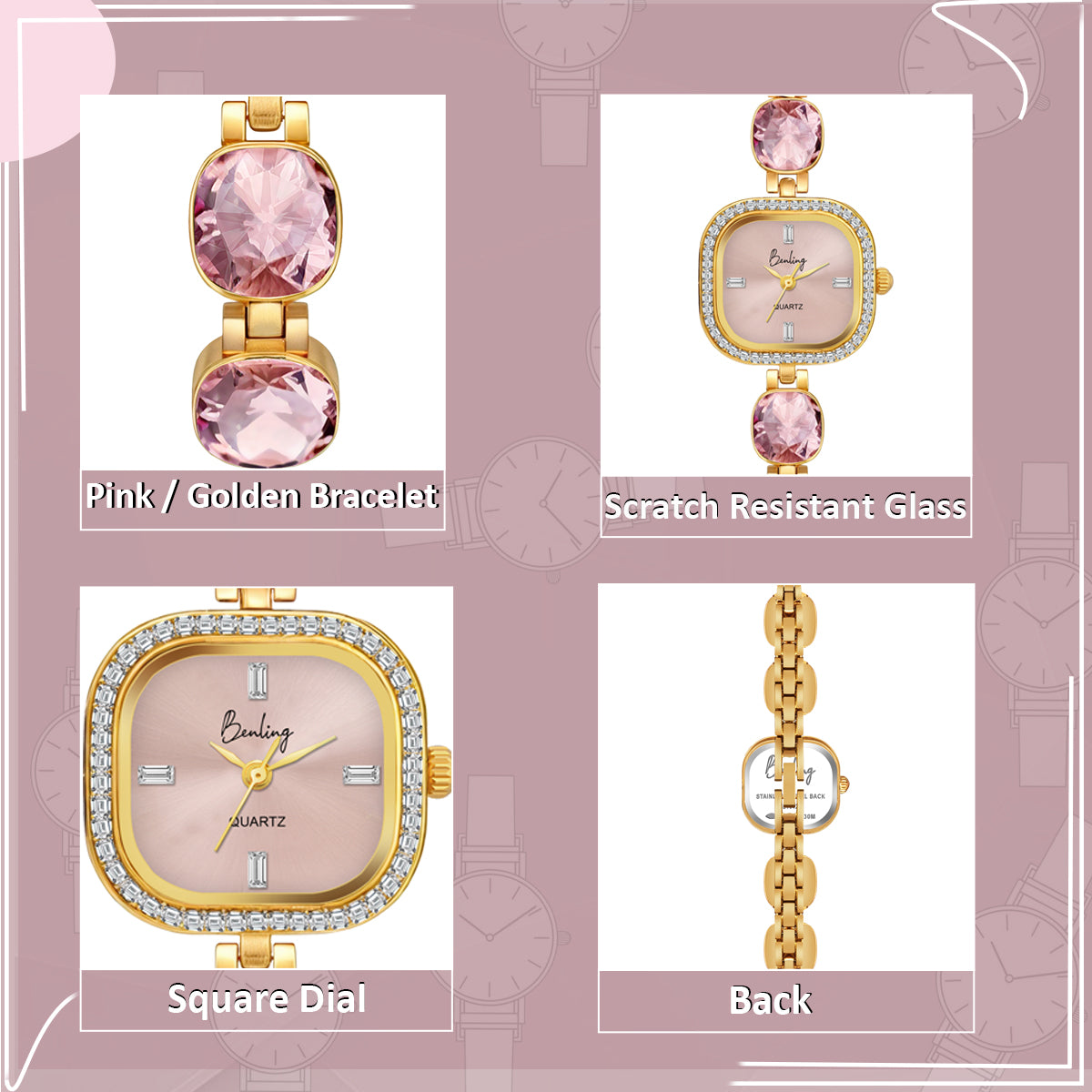 Benling Women's Quartz Watch with Gold Bracelet and Crystal Accents - Gift Set with Pearl Box and Bracelet