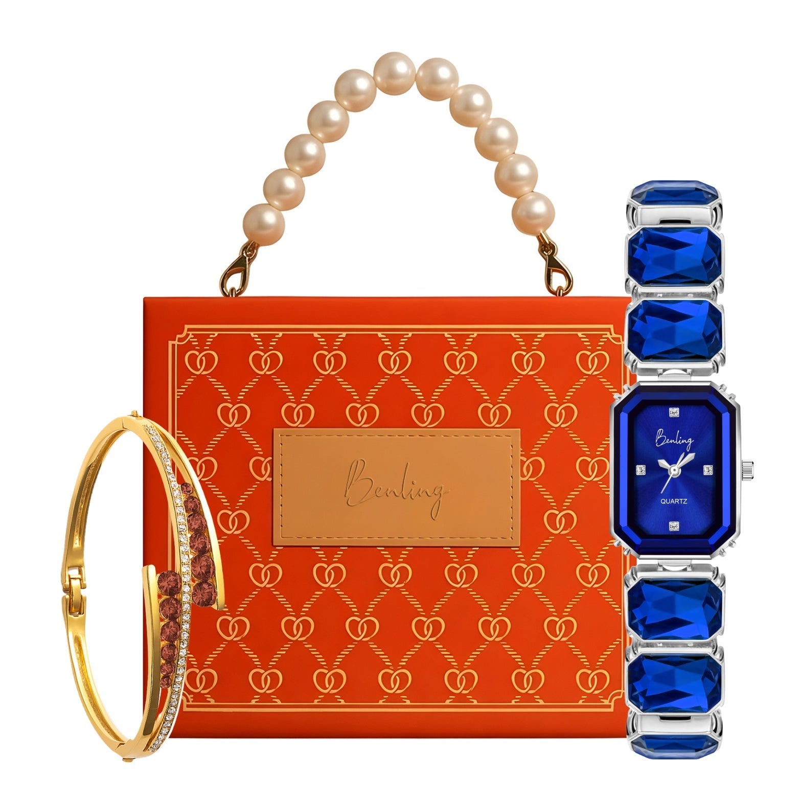 Benling Gift Set – Octagon Cut Bracelet Watch with Orange Pearl Box & Bracelet