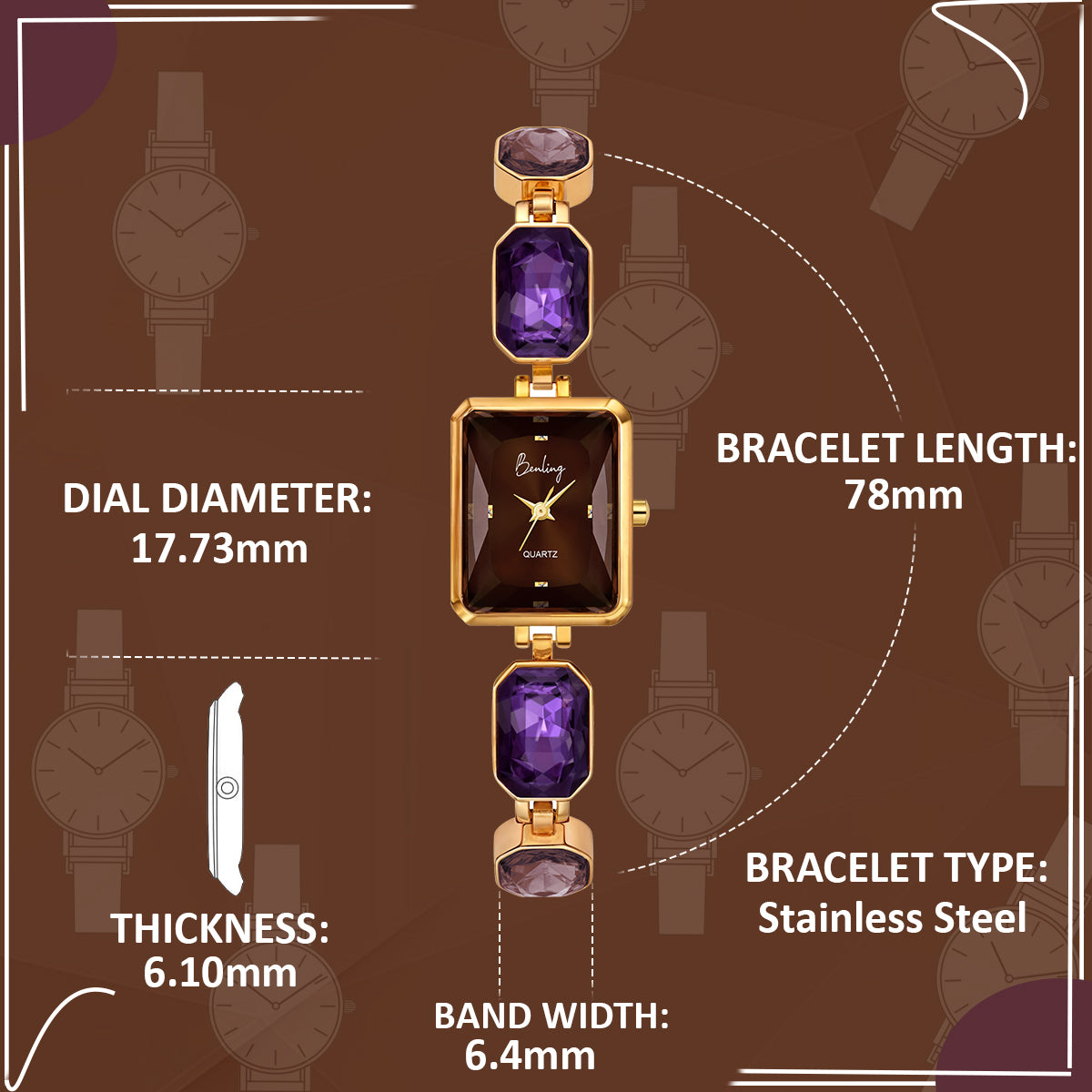 Benling Square Gemstone Dial Watch - Luxurious Wrist Watch for Women