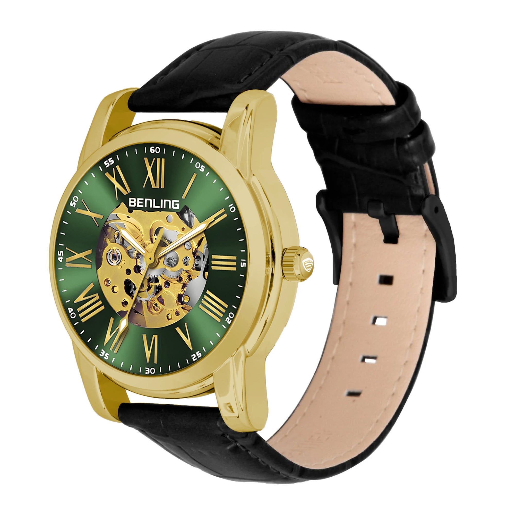 Benling Automatic Skeleton Mechanical Watch for Men | Self-Winding Movement | Leather & Stainless Steel Strap | Open Gear Dial | Luxury Casual & Formal Wear