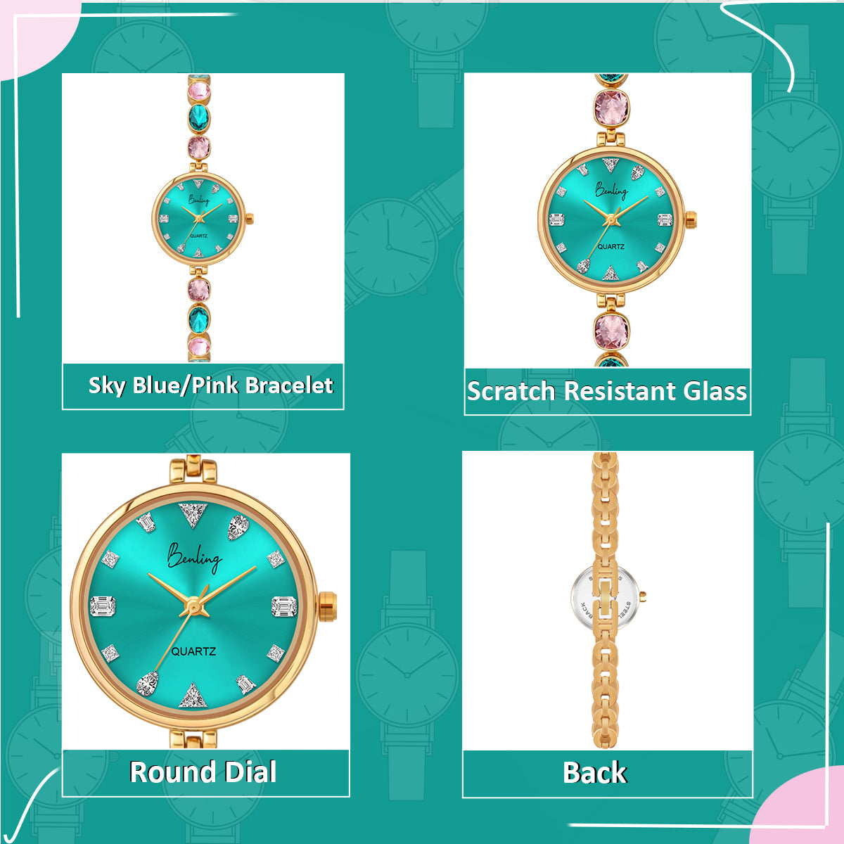 Benling Crystal-Studded Quartz Watch for Women – Luxury Design with Sparkling Stones - with Pearl Box and Bracelet