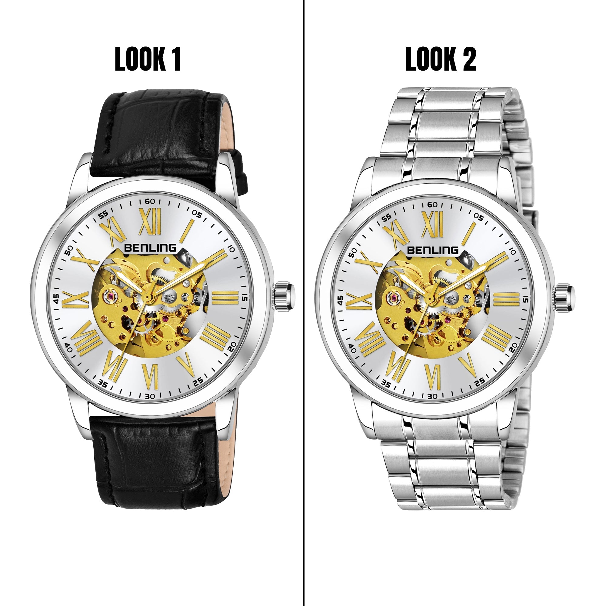 Benling Automatic Skeleton Mechanical Watch for Men | Self-Winding Movement | Leather & Stainless Steel Strap | Open Gear Dial | Luxury Casual & Formal Wear