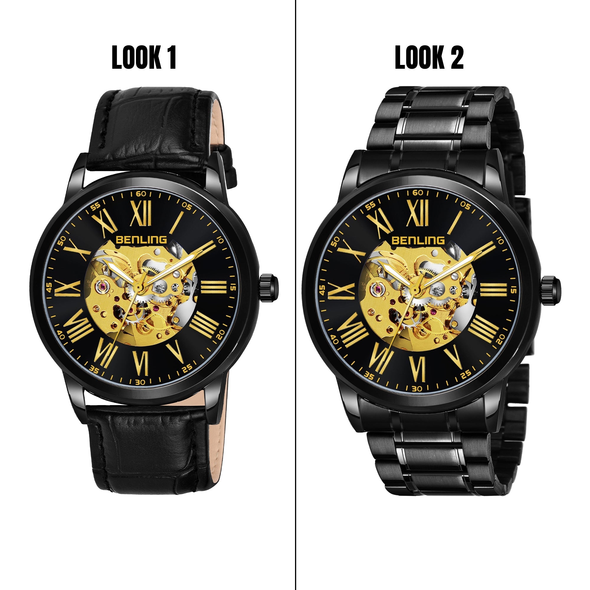 Benling Automatic Skeleton Mechanical Watch for Men | Self-Winding Movement | Leather & Stainless Steel Strap | Open Gear Dial | Luxury Casual & Formal Wear