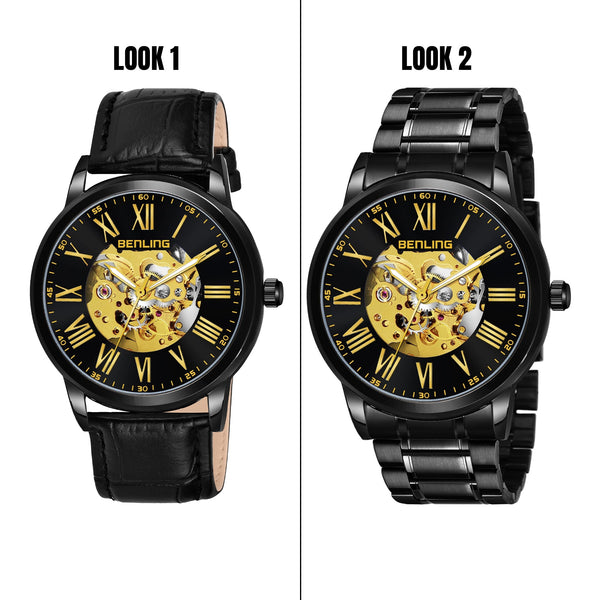 Benling Automatic Skeleton Mechanical Watch for Men | Self-Winding Movement | Leather & Stainless Steel Strap | Open Gear Dial | Luxury Casual & Formal Wear