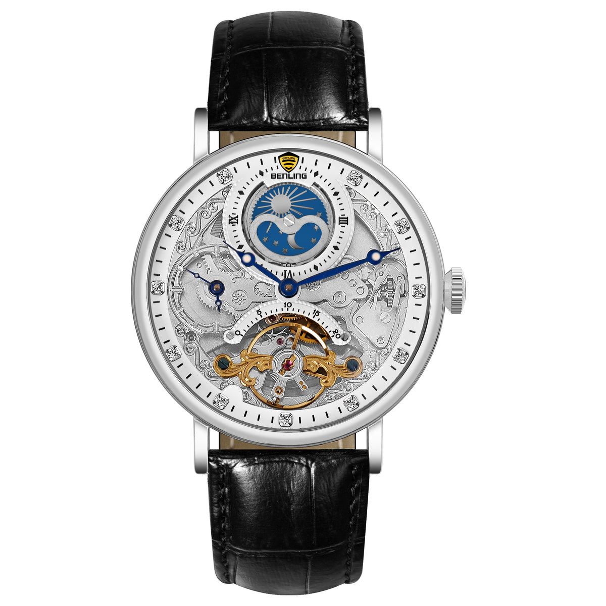 Benling Astroworld Tourbillon Automatic Watch for Men – Dual Time | Moonphase | Skeleton Dial | With Leather Strap & Stainless Steel Chain Benling