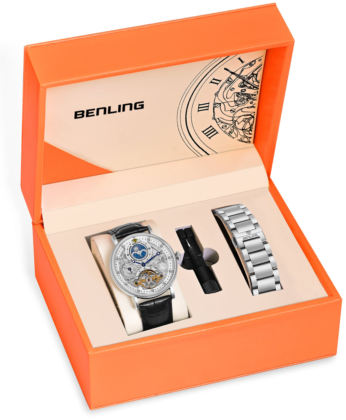 Benling Astroworld Tourbillon Automatic Watch for Men – Dual Time | Moonphase | Skeleton Dial | With Leather Strap & Stainless Steel Chain Benling