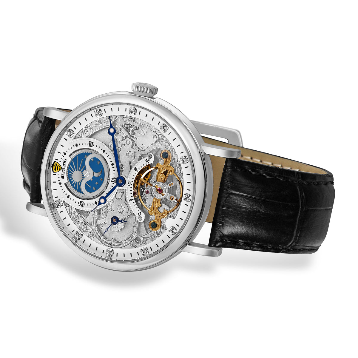 Benling Astroworld Tourbillon Automatic Watch for Men – Dual Time | Moonphase | Skeleton Dial | With Leather Strap & Stainless Steel Chain Benling