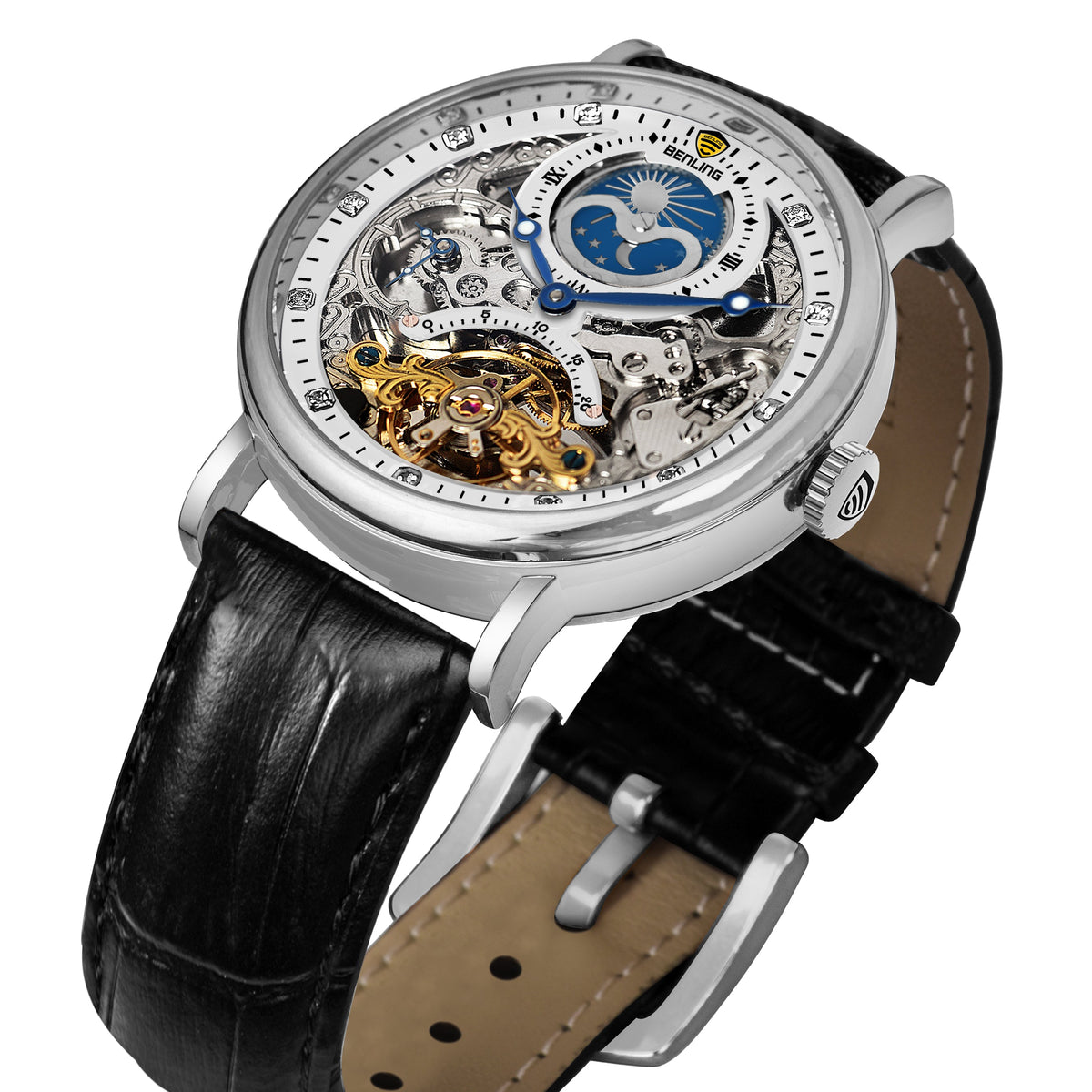 Benling Astroworld Tourbillon Automatic Watch for Men – Dual Time | Moonphase | Skeleton Dial | With Leather Strap & Stainless Steel Chain Benling
