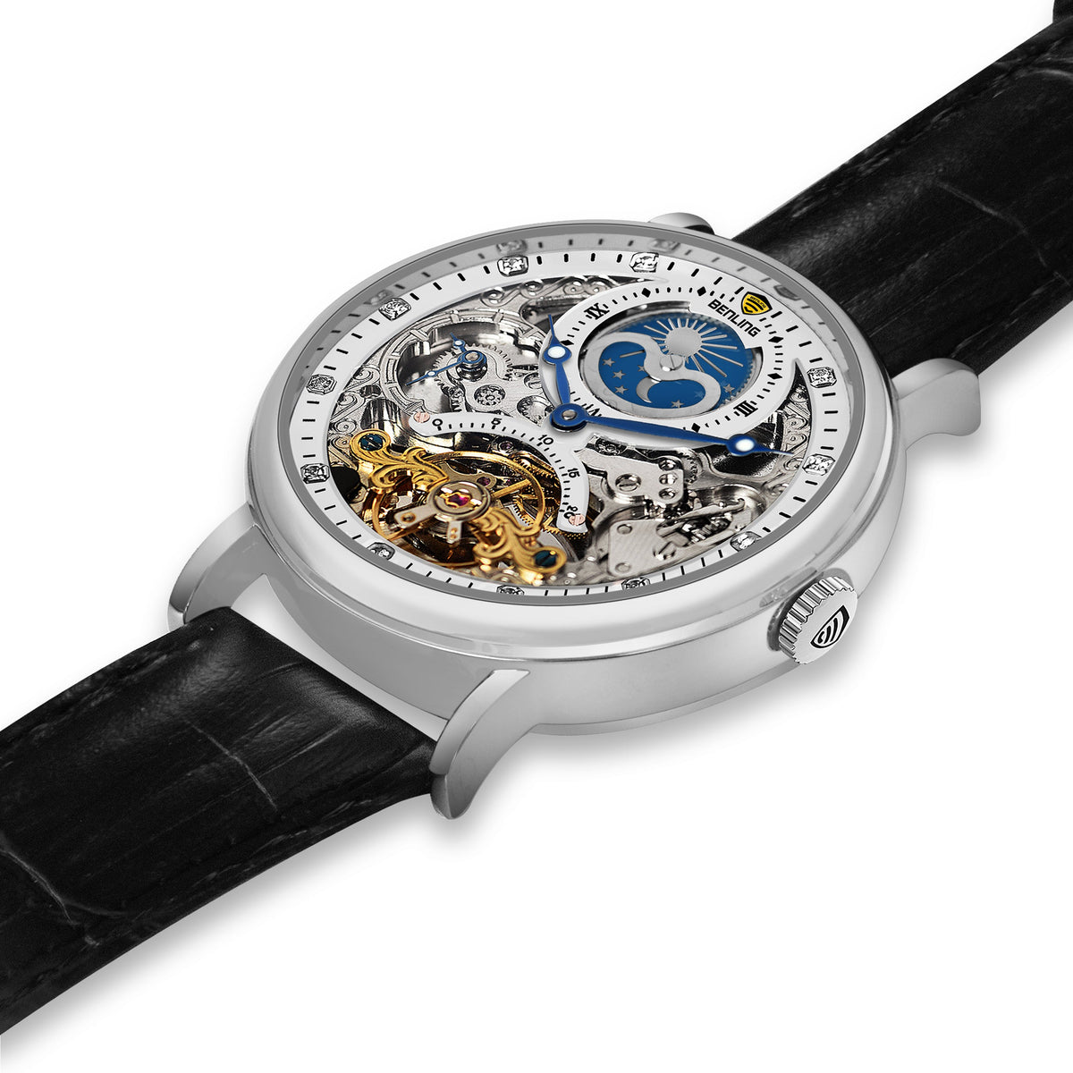 Benling Astroworld Tourbillon Automatic Watch for Men – Dual Time | Moonphase | Skeleton Dial | With Leather Strap & Stainless Steel Chain Benling