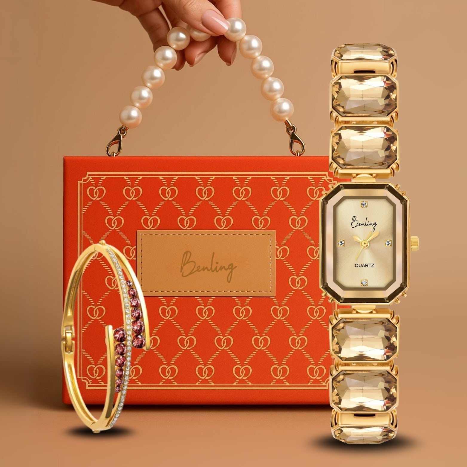 Benling Gift Set – Octagon Cut Bracelet Watch with Orange Pearl Box & Bracelet