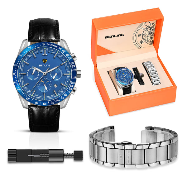 Benling Legacy Chrono Automatic Watch for Men with Interchangeable Leather Strap & Stainless Steel Chain –  A Masterpiece of Mechanical Precision