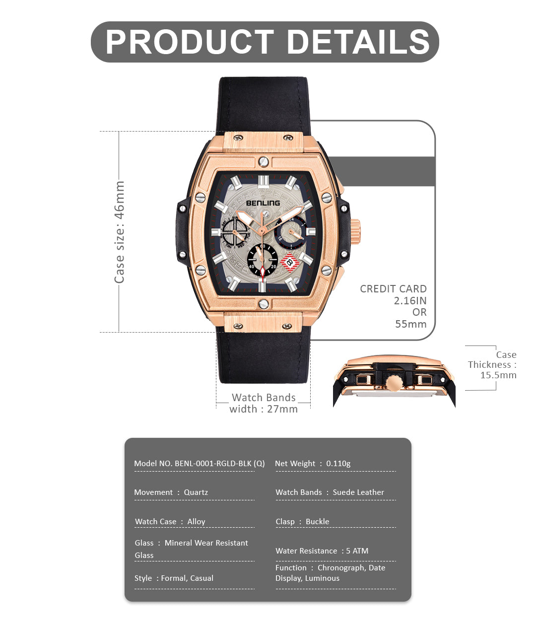Big Bang Series : Square Chrono Steel Watch with Japanese Quartz Movement & Date Display