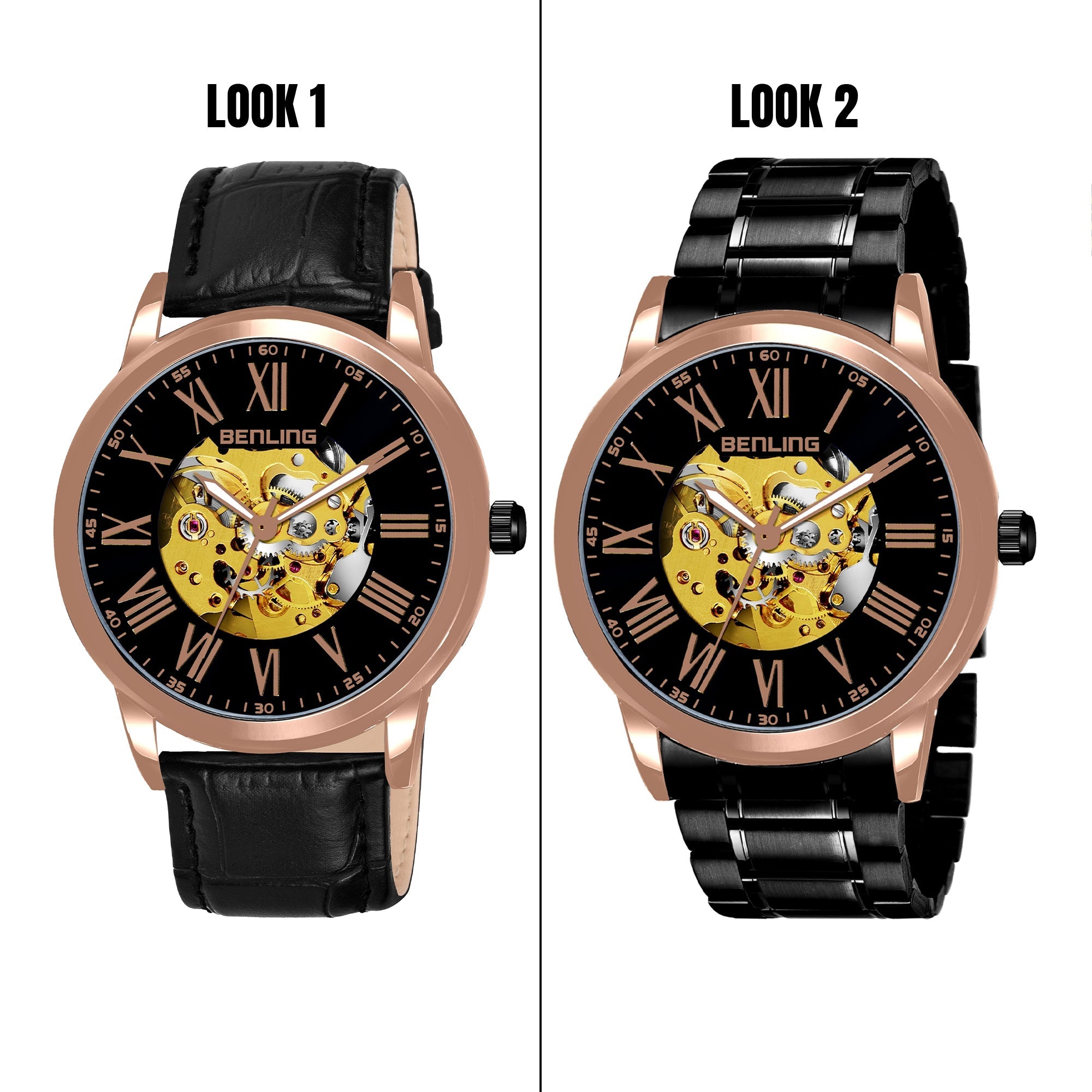 Benling Automatic Skeleton Mechanical Watch for Men | Self-Winding Movement | Leather & Stainless Steel Strap | Open Gear Dial | Luxury Casual & Formal Wear