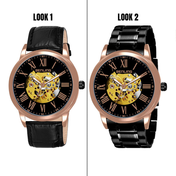 Benling Automatic Skeleton Mechanical Watch for Men | Self-Winding Movement | Leather & Stainless Steel Strap | Open Gear Dial | Luxury Casual & Formal Wear