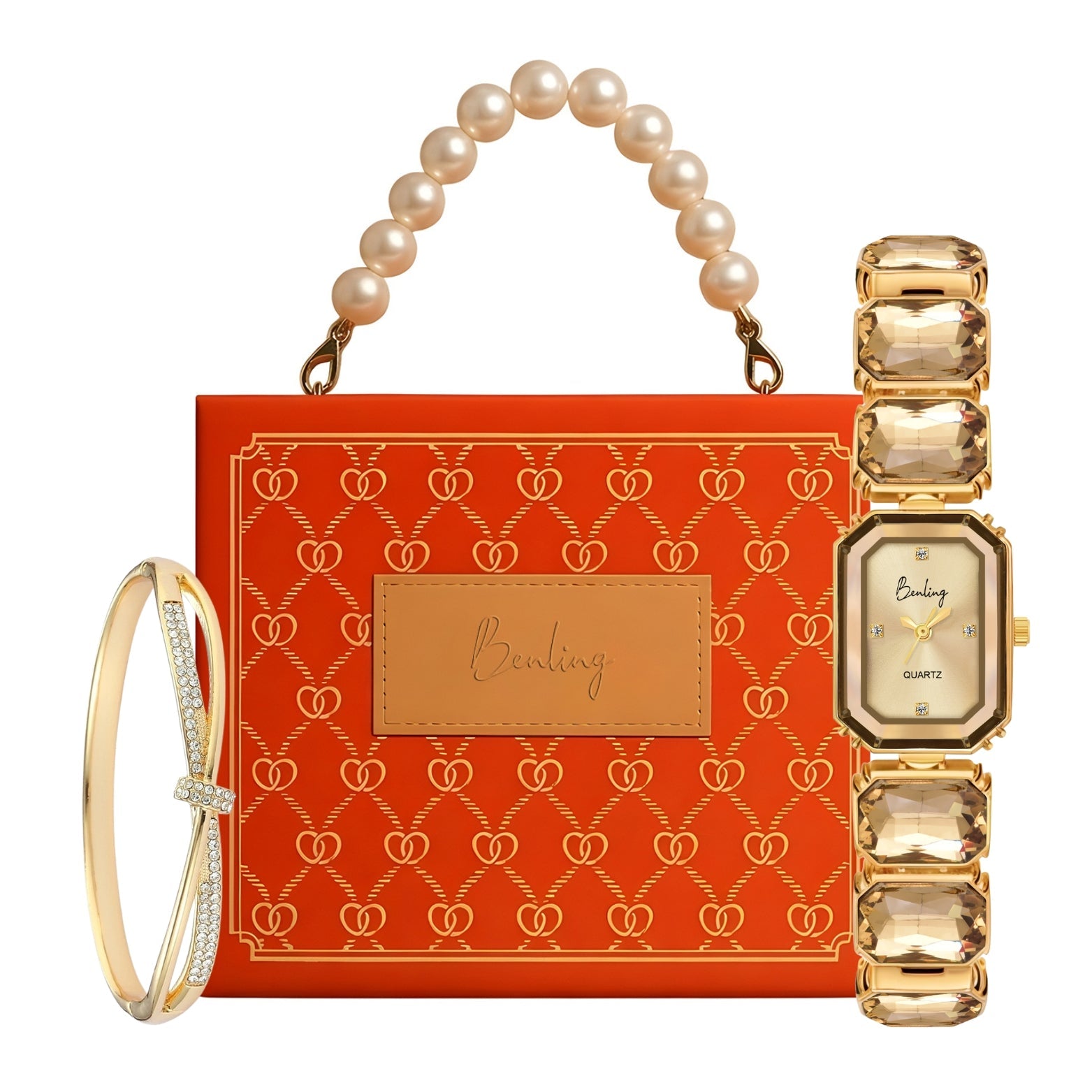 Benling Gift Set – Octagon Cut Bracelet Watch with Orange Pearl Box & Bracelet