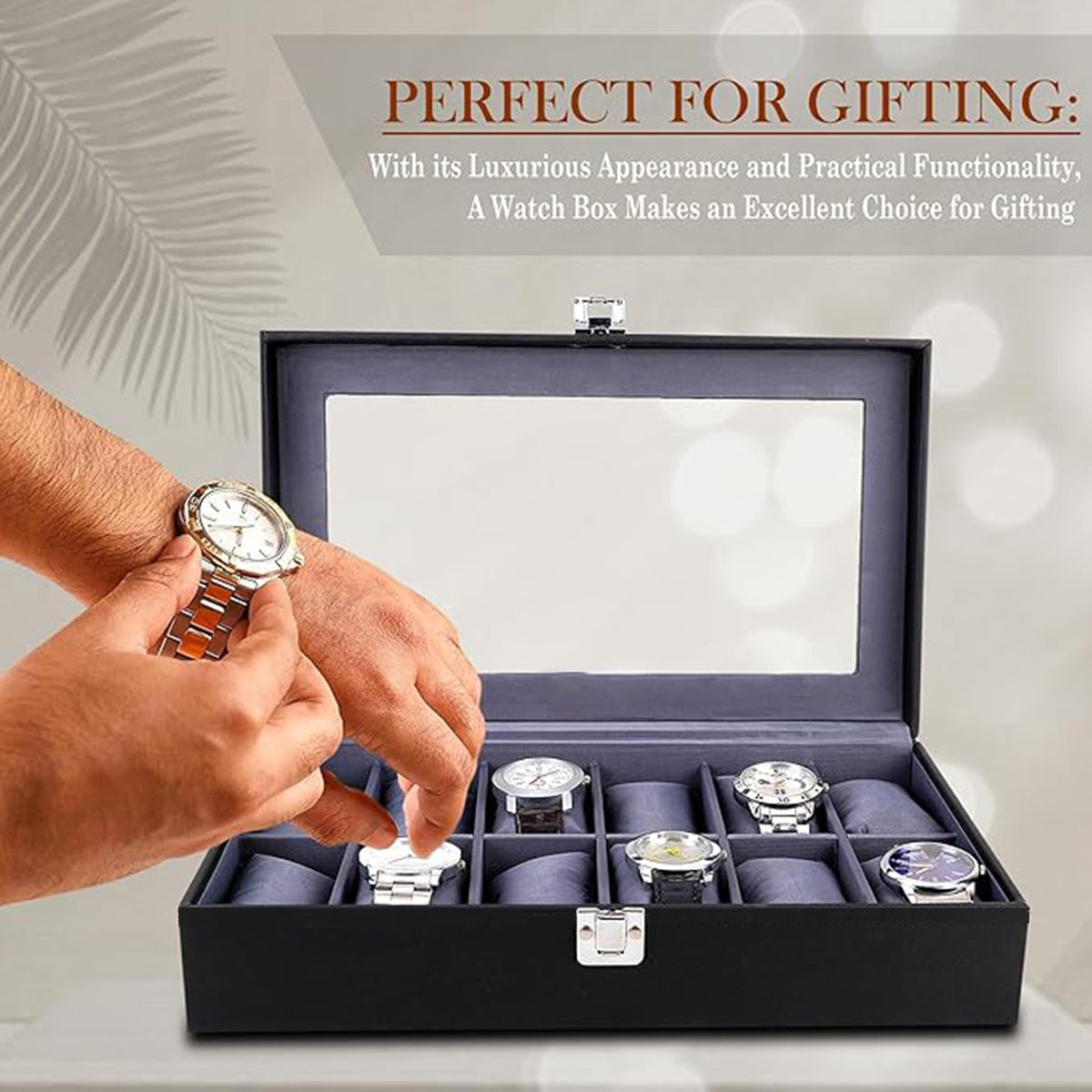 Men's & Women's PU Leather Watch Box Organizer – 12-Slot Watch Holder Case in Black & Gray Benling