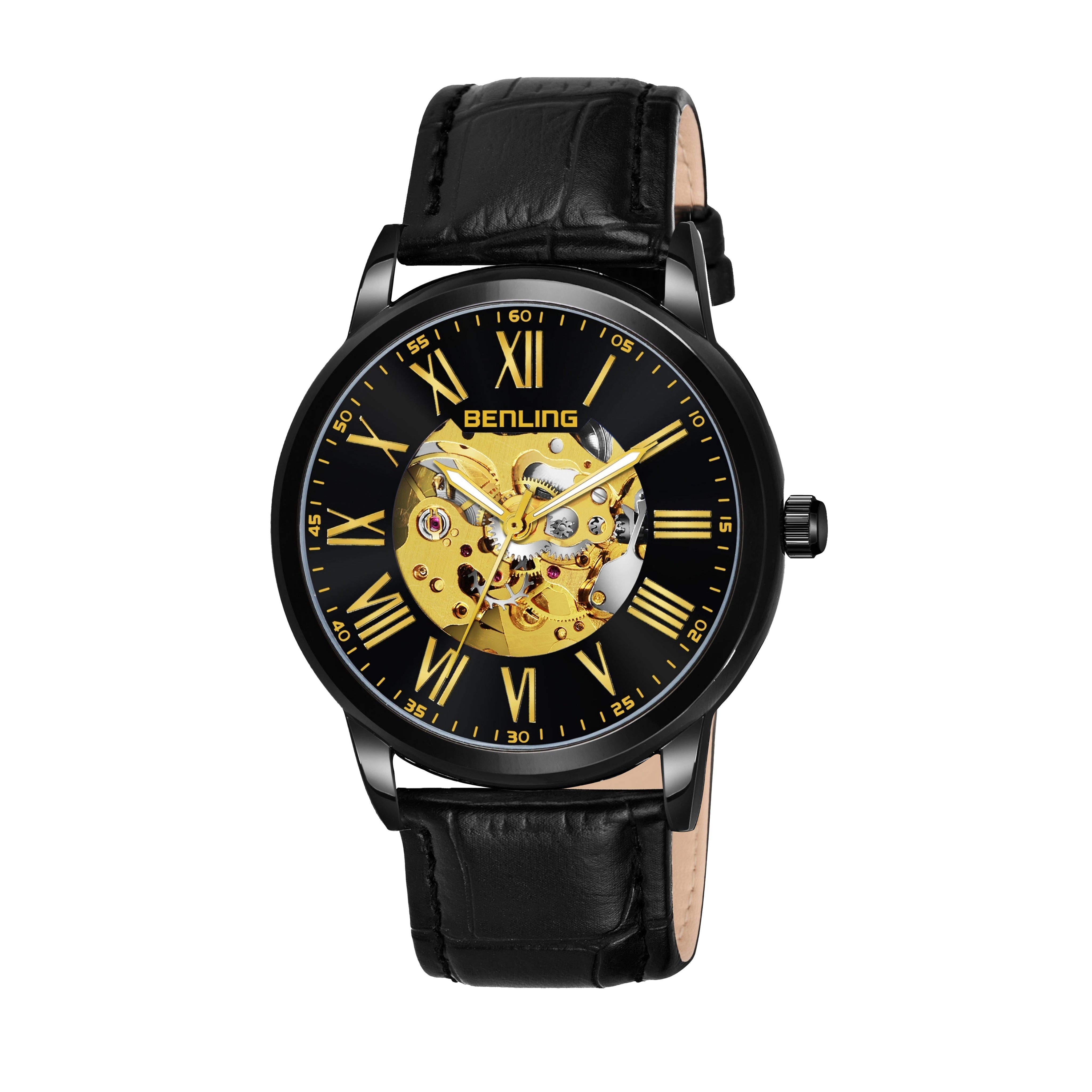 Benling Automatic Skeleton Mechanical Watch for Men | Self-Winding Movement | Leather & Stainless Steel Strap | Open Gear Dial | Luxury Casual & Formal Wear