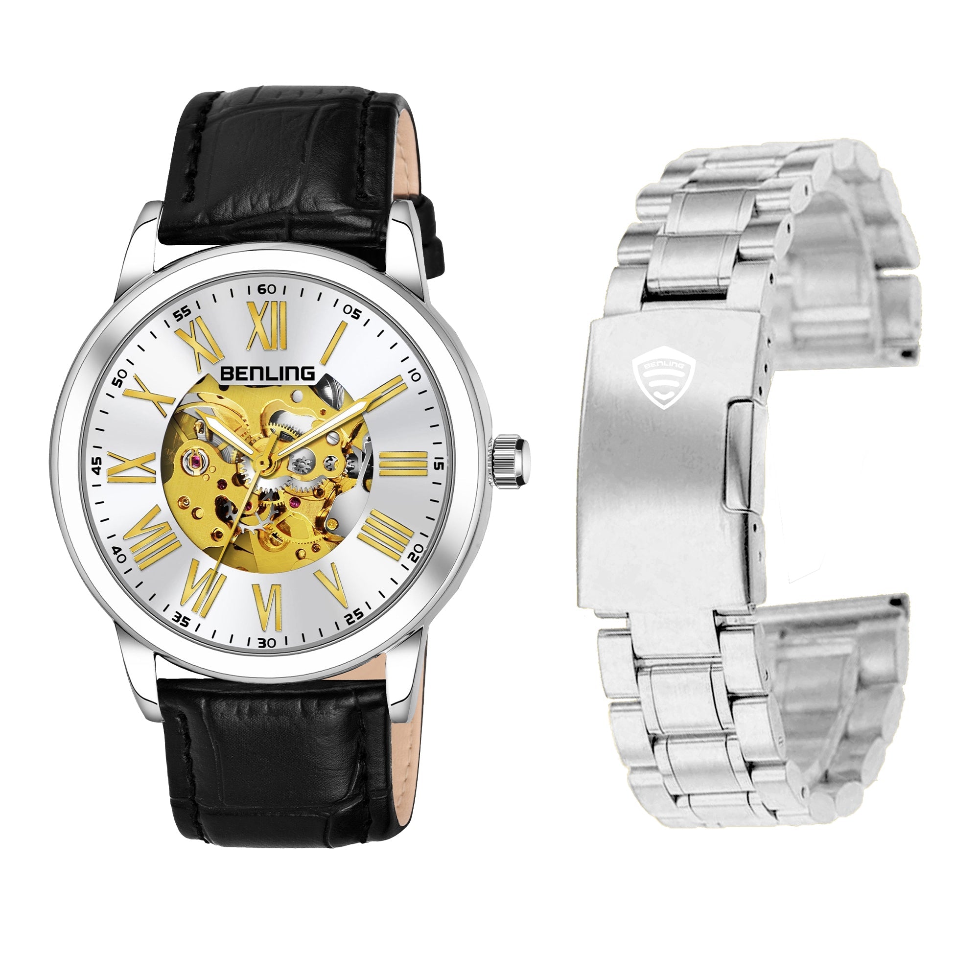 Benling Automatic Skeleton Mechanical Watch for Men | Self-Winding Movement | Leather & Stainless Steel Strap | Open Gear Dial | Luxury Casual & Formal Wear