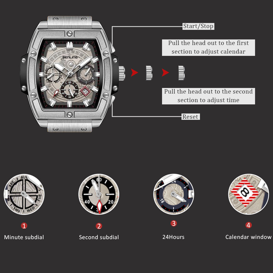 Big Bang Series : Square Chrono Steel Watch with Japanese Quartz Movement & Date Display