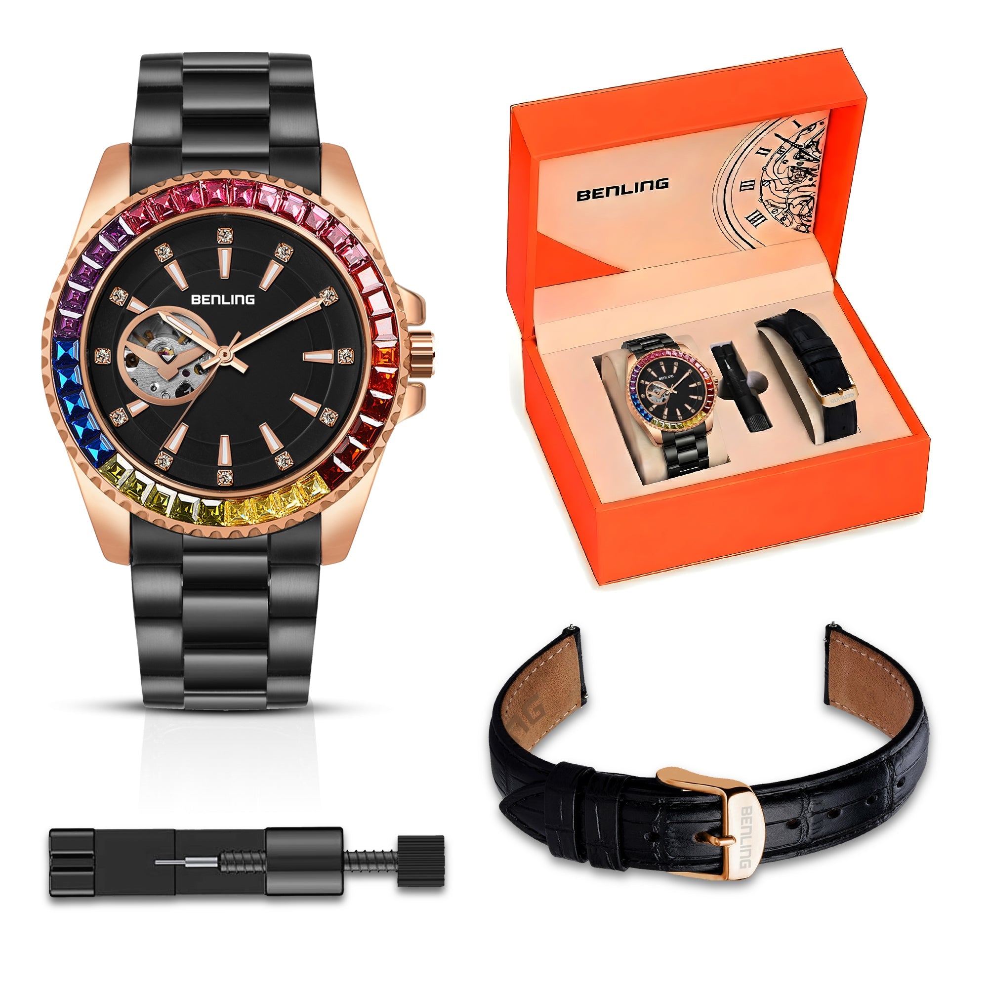 Benling Prism Royale – Rainbow Bezel Automatic with Open Heart Dial