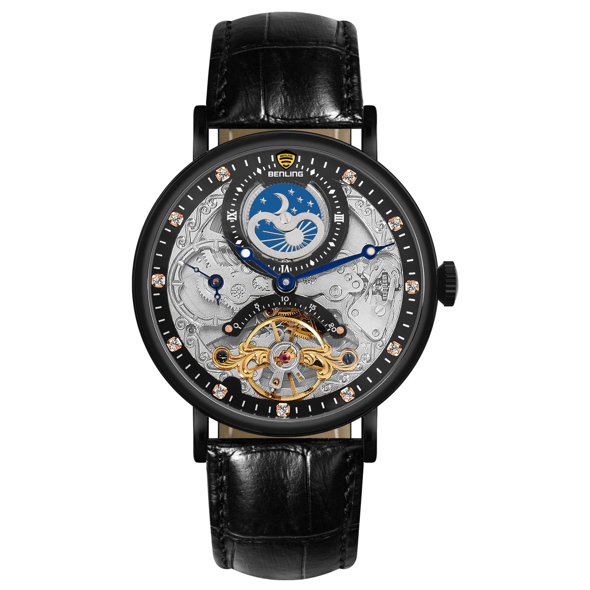 Benling Astroworld Tourbillon Automatic Watch for Men – Dual Time | Moonphase | Skeleton Dial | With Leather Strap & Stainless Steel Chain Benling