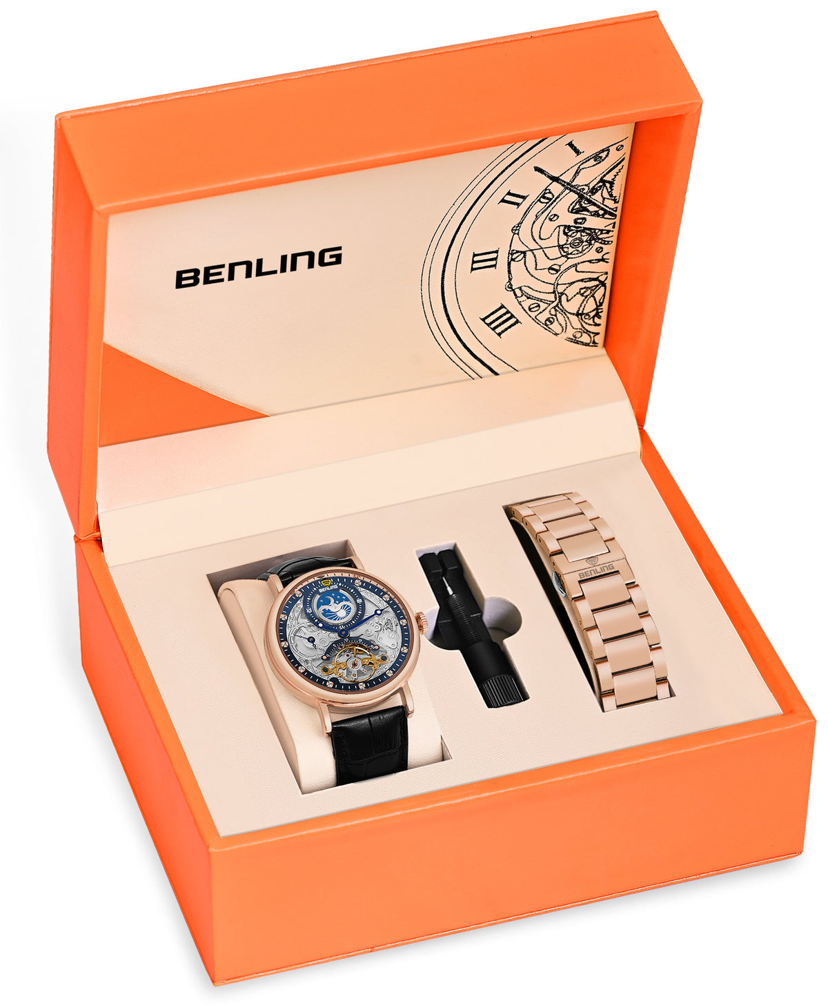Benling Astroworld Tourbillon Automatic Watch for Men – Dual Time | Moonphase | Skeleton Dial | With Leather Strap & Stainless Steel Chain Benling