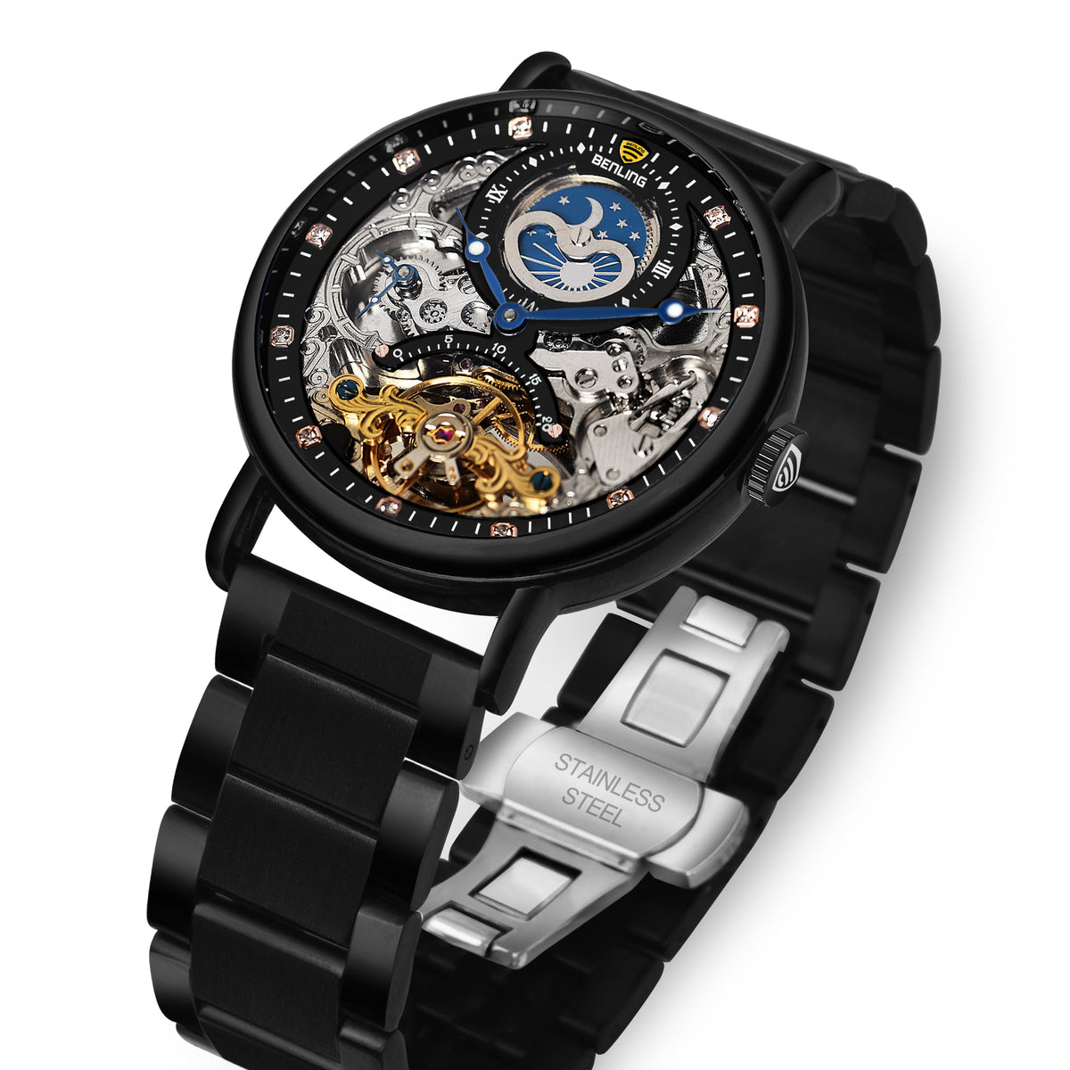 Benling Astroworld Tourbillon Automatic Watch for Men – Dual Time | Moonphase | Skeleton Dial | With Leather Strap & Stainless Steel Chain Benling