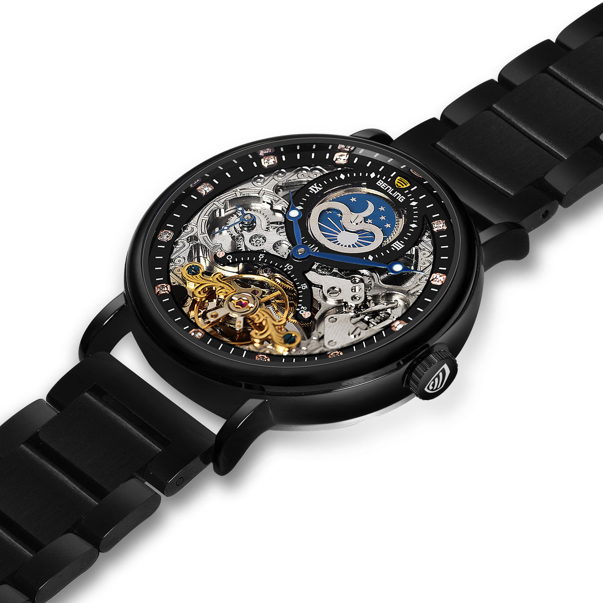 Benling Astroworld Tourbillon Automatic Watch for Men – Dual Time | Moonphase | Skeleton Dial | With Leather Strap & Stainless Steel Chain Benling