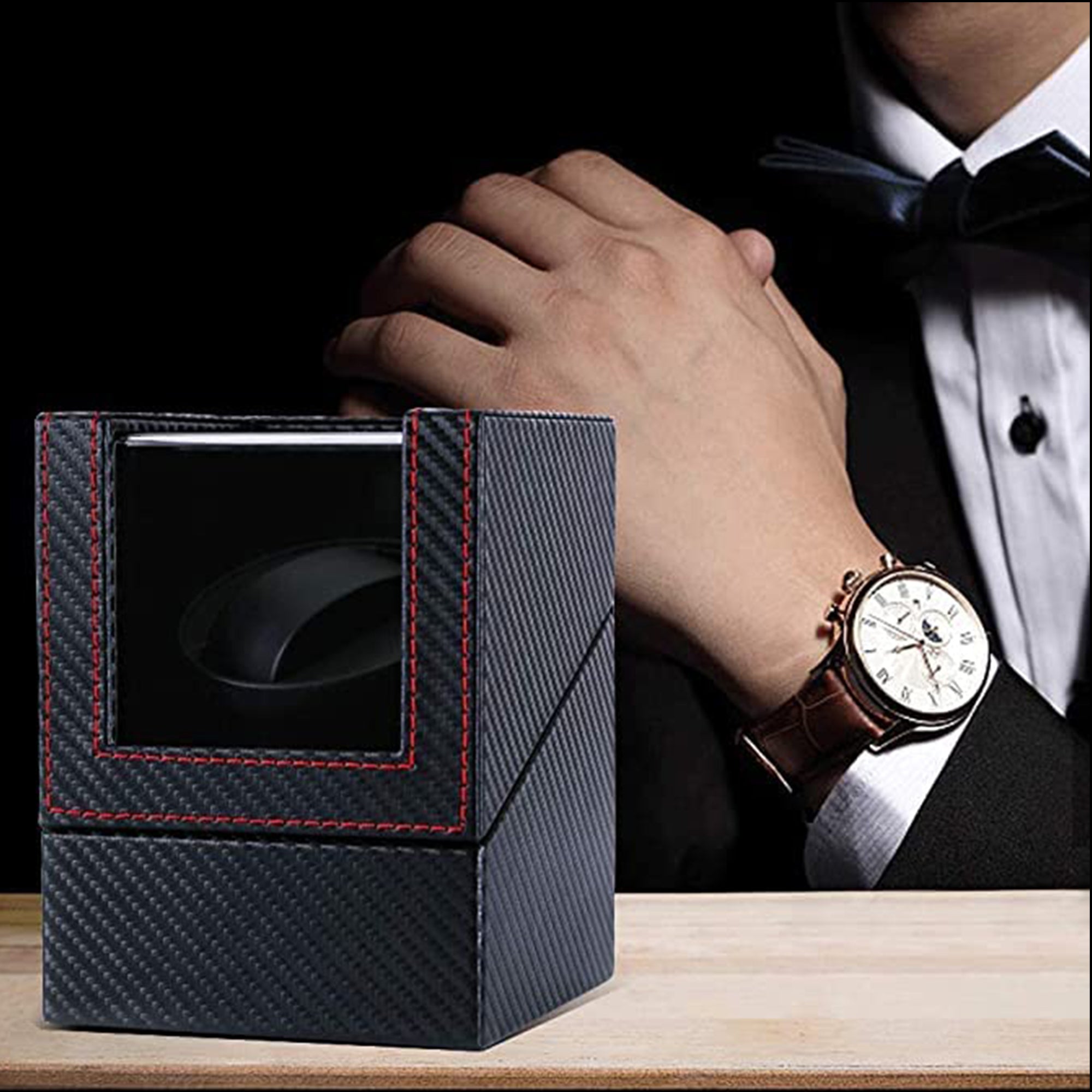 Benling Automatic Single Watch Winder with Quiet Motor, Black Leather, Men's and Women's