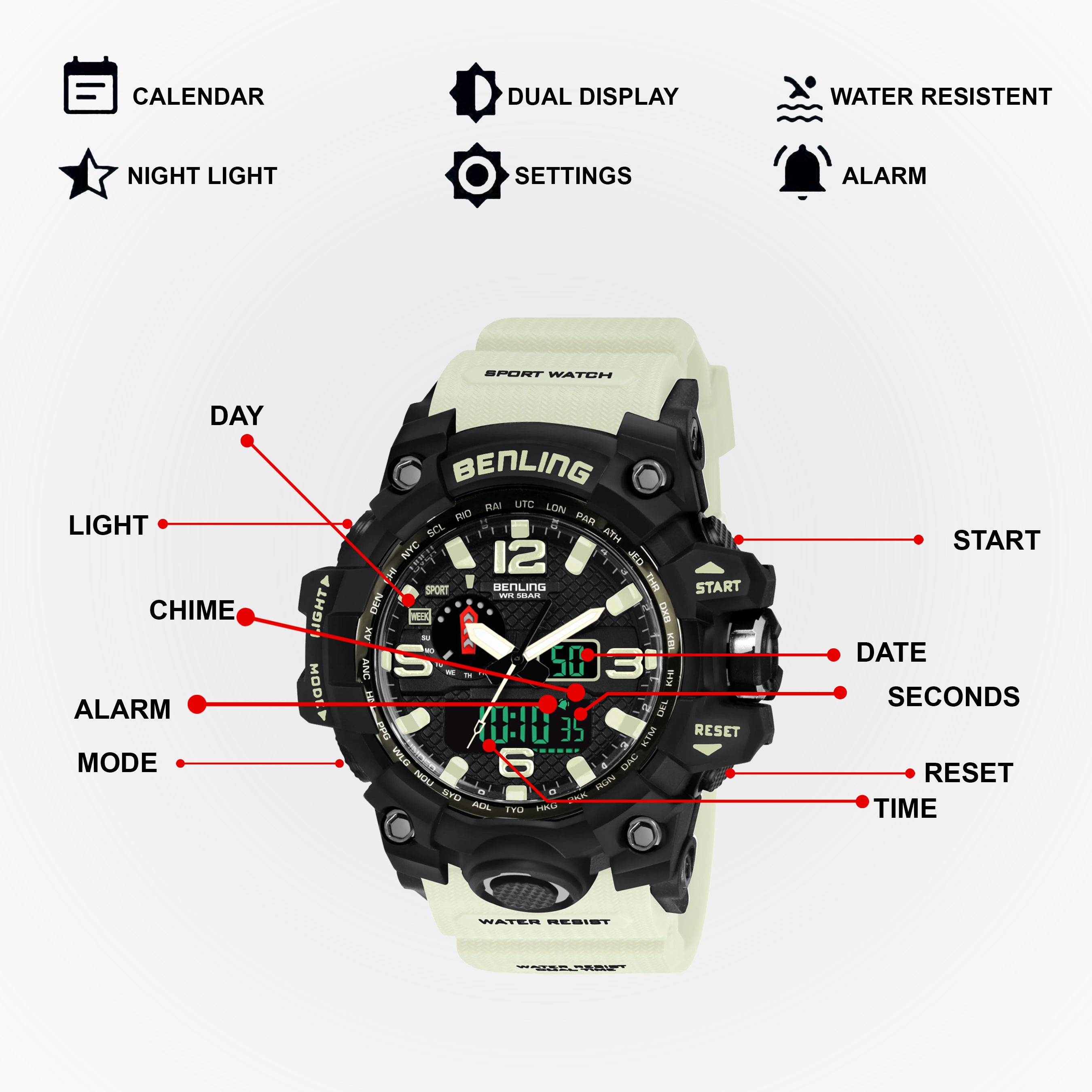 Benling EL Backlight Analog Digital Watch-SKBLANDG-6002