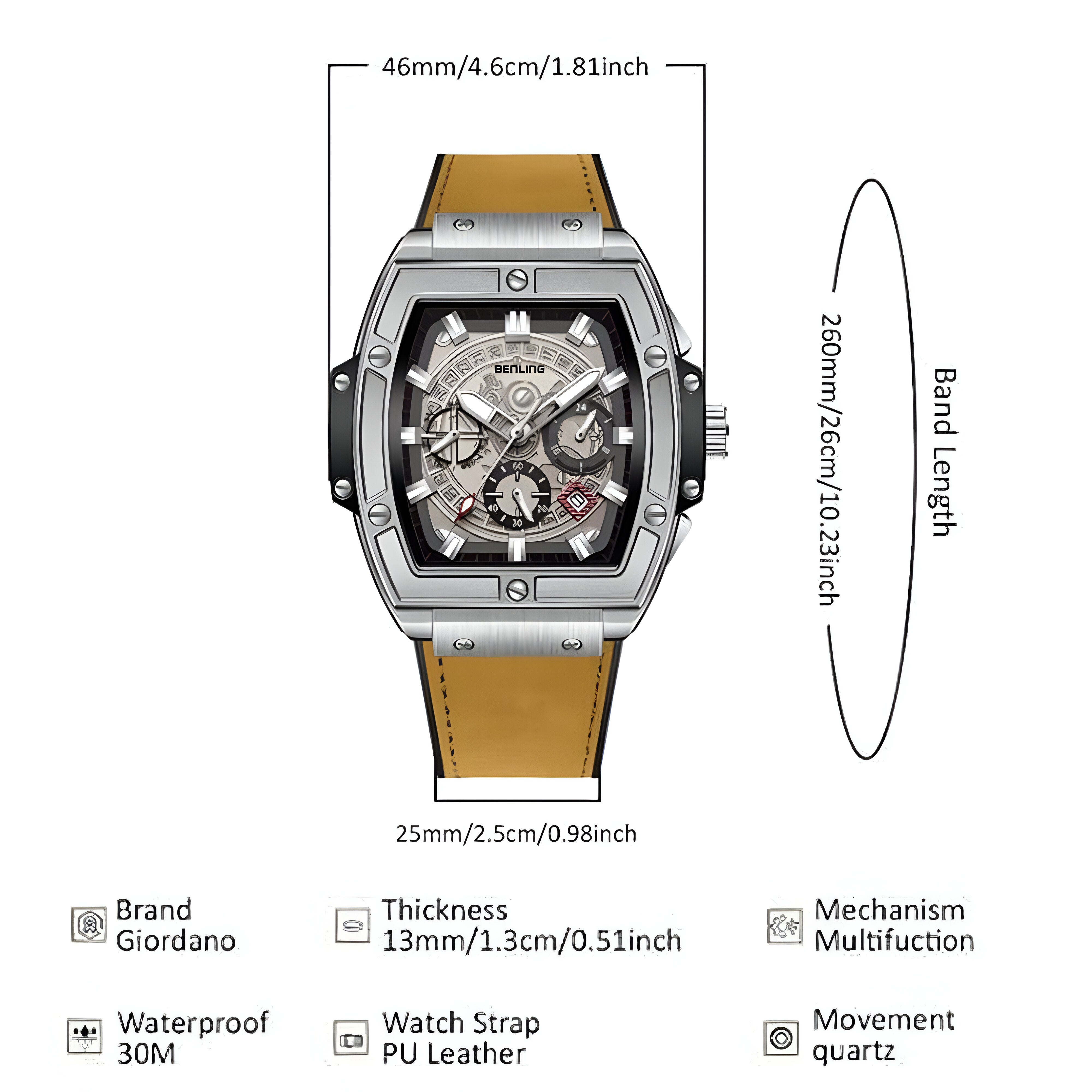 Big Bang Series : Square Chrono Steel Watch with Japanese Quartz Movement & Date Display