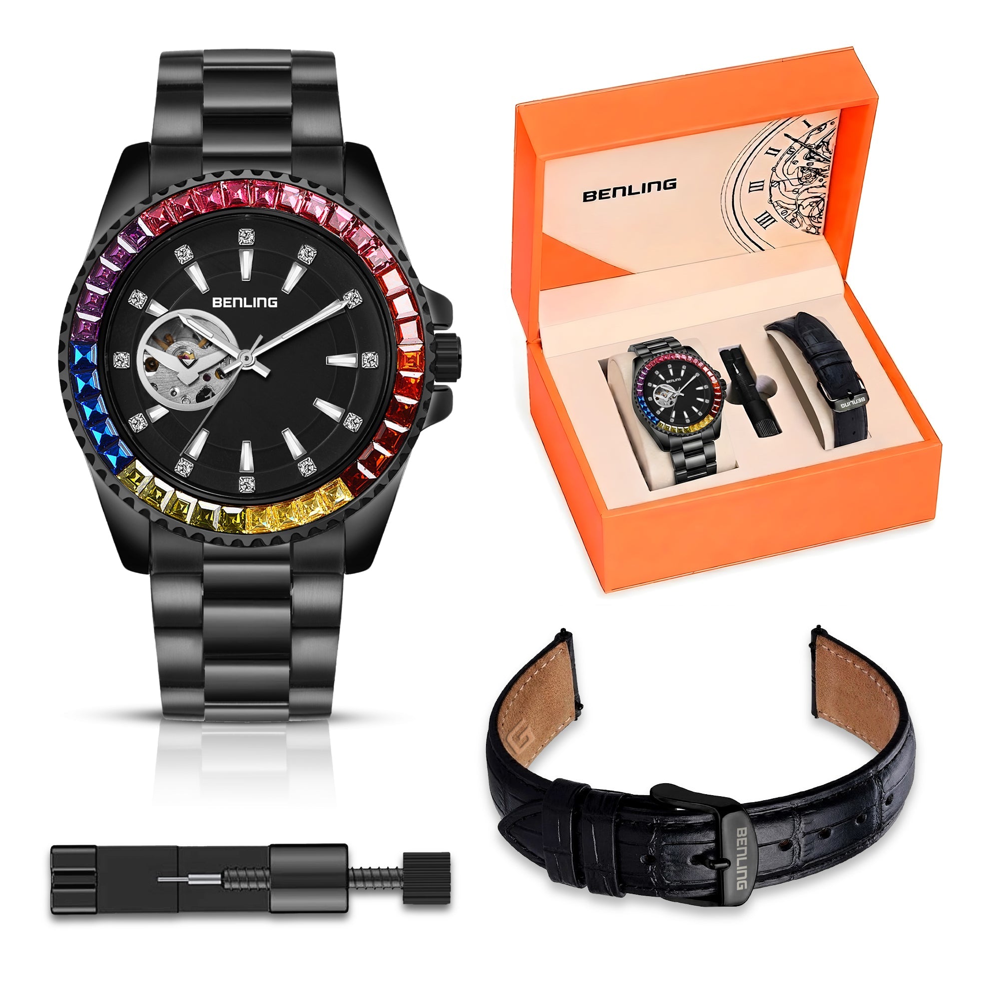 Benling Prism Royale – Rainbow Bezel Automatic with Open Heart Dial