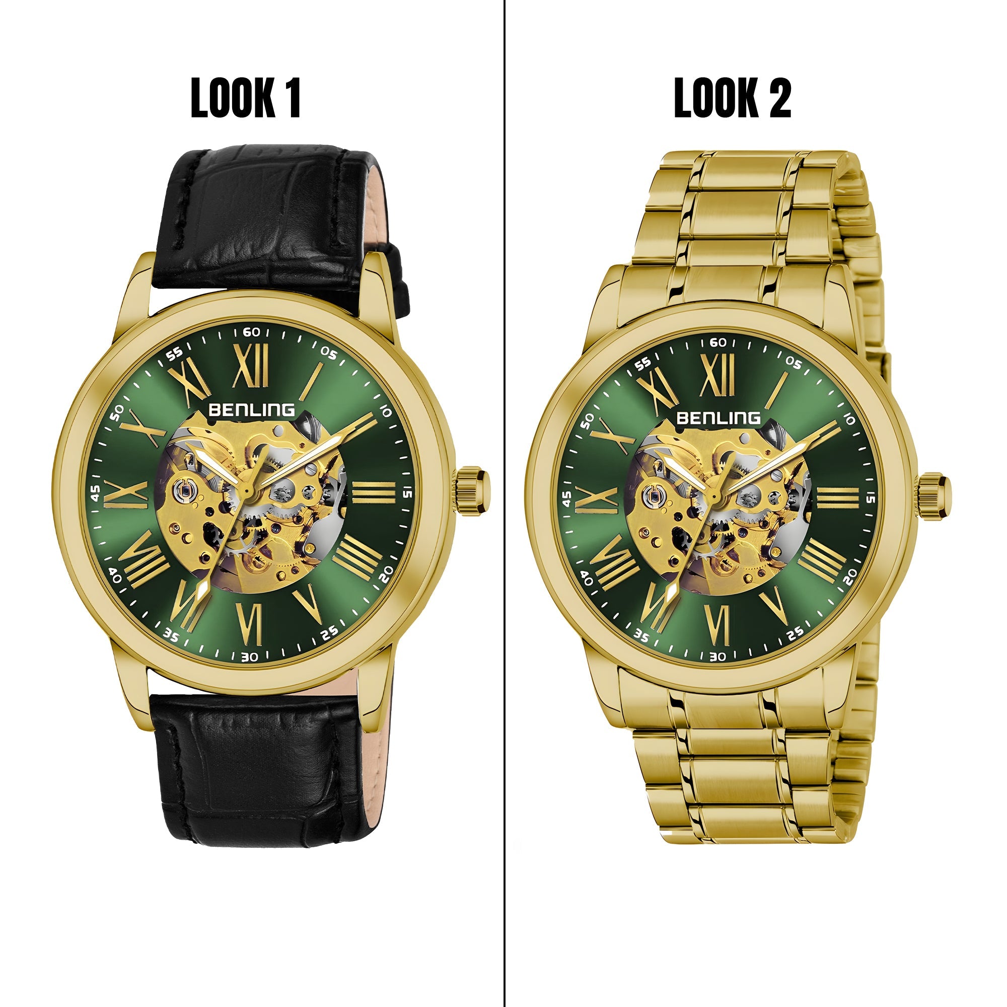 Benling Automatic Skeleton Mechanical Watch for Men | Self-Winding Movement | Leather & Stainless Steel Strap | Open Gear Dial | Luxury Casual & Formal Wear