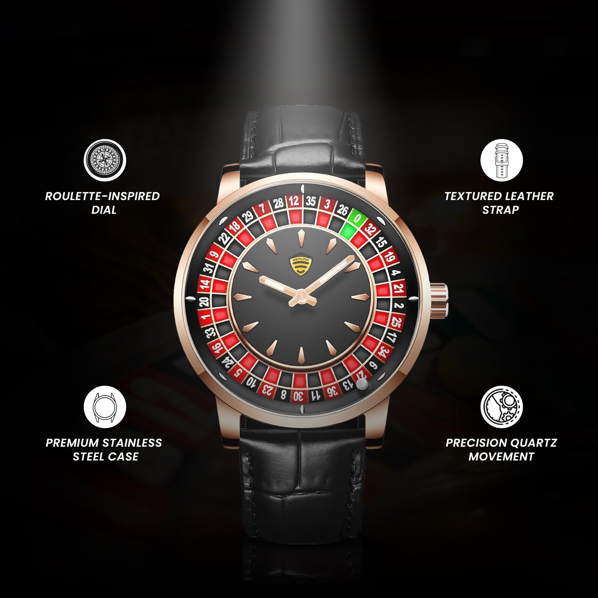 Benling Casino Series™ | Luxury Roulette Quartz Watch - with Premium Casino Chips & Roulette Game Map