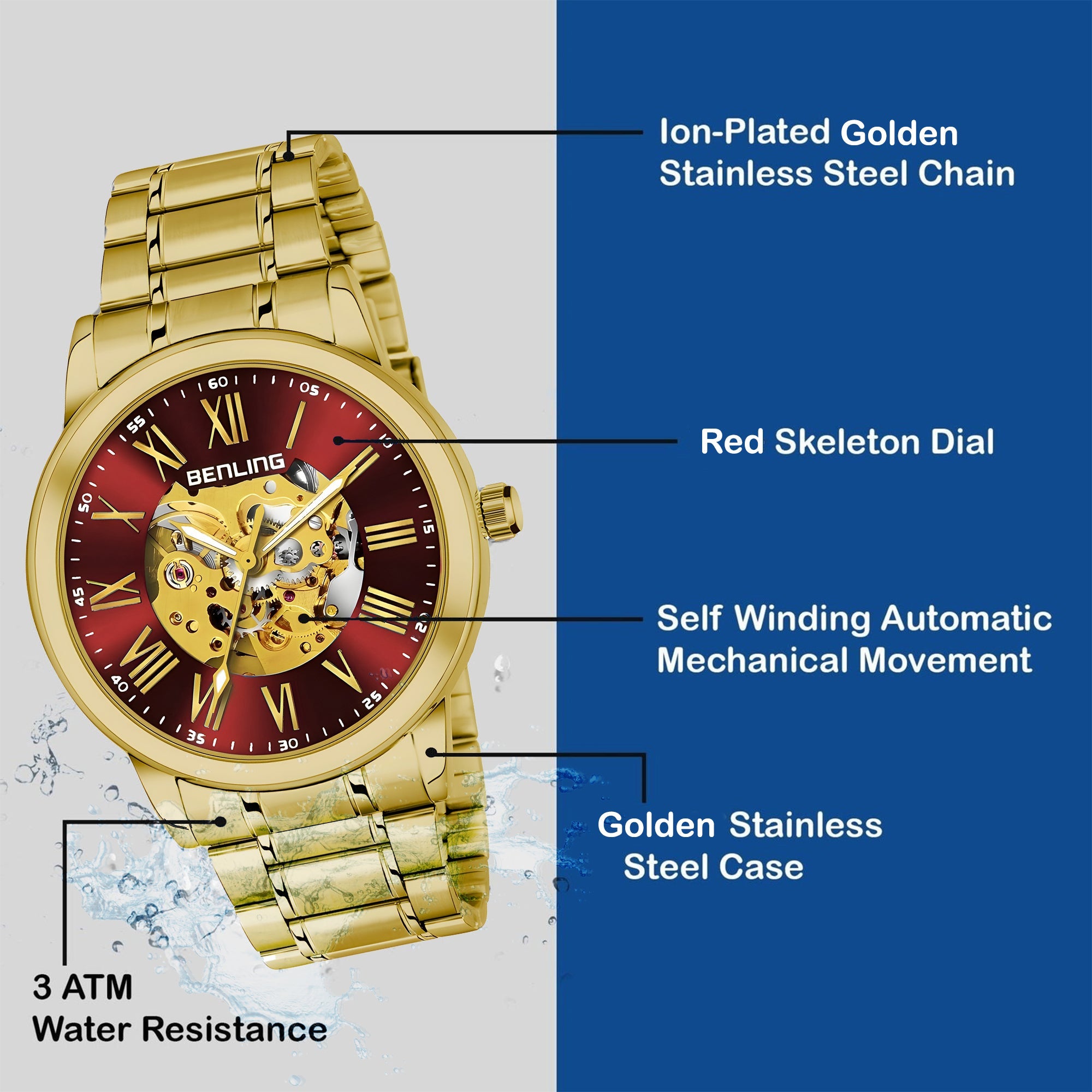 Benling Automatic Skeleton Mechanical Watch for Men | Self-Winding Movement | Leather & Stainless Steel Strap | Open Gear Dial | Luxury Casual & Formal Wear