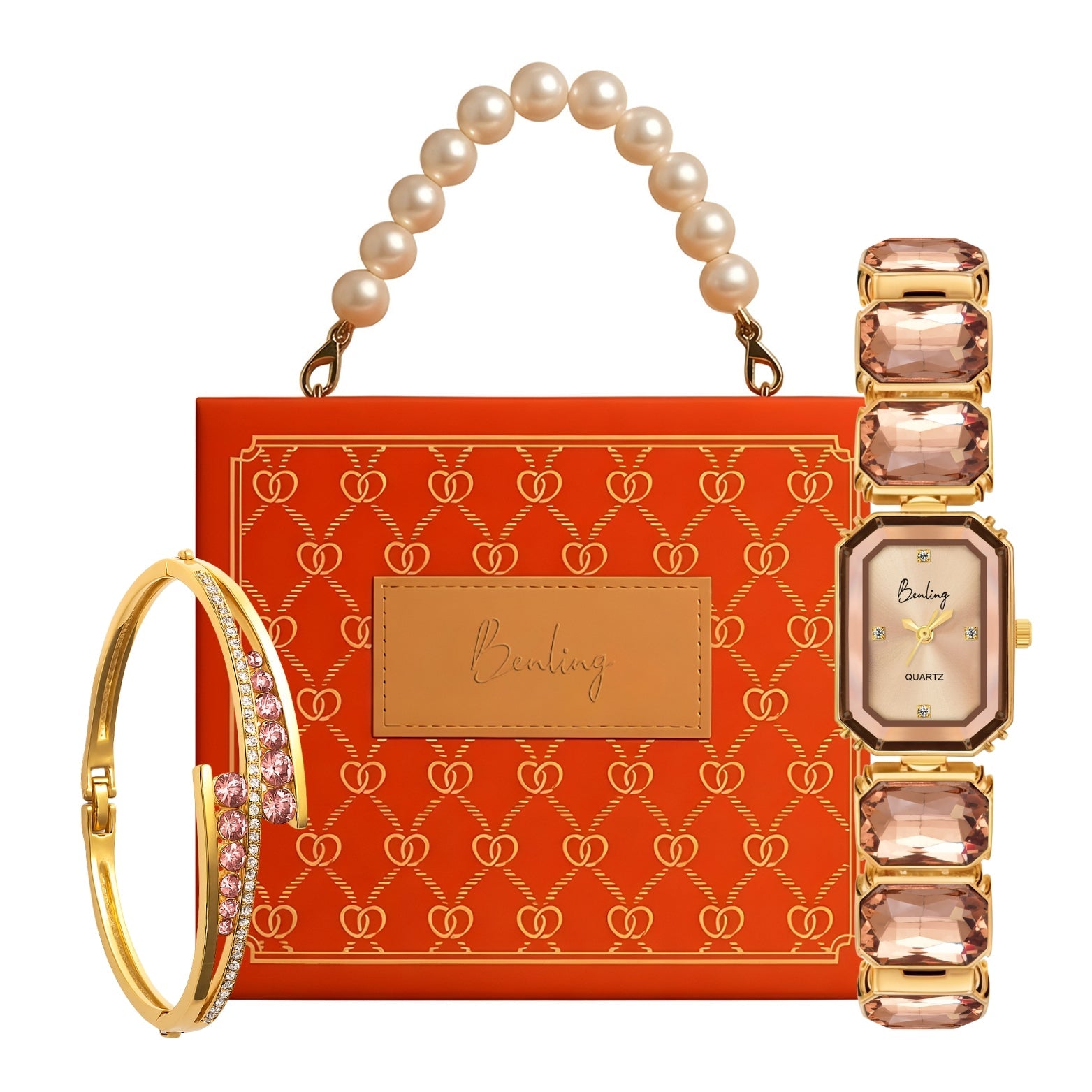 Benling Gift Set – Octagon Cut Bracelet Watch with Orange Pearl Box & Bracelet