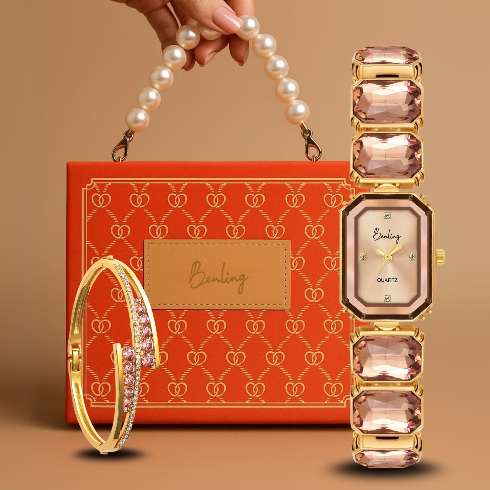 Benling Gift Set – Octagon Cut Bracelet Watch with Orange Pearl Box & Bracelet