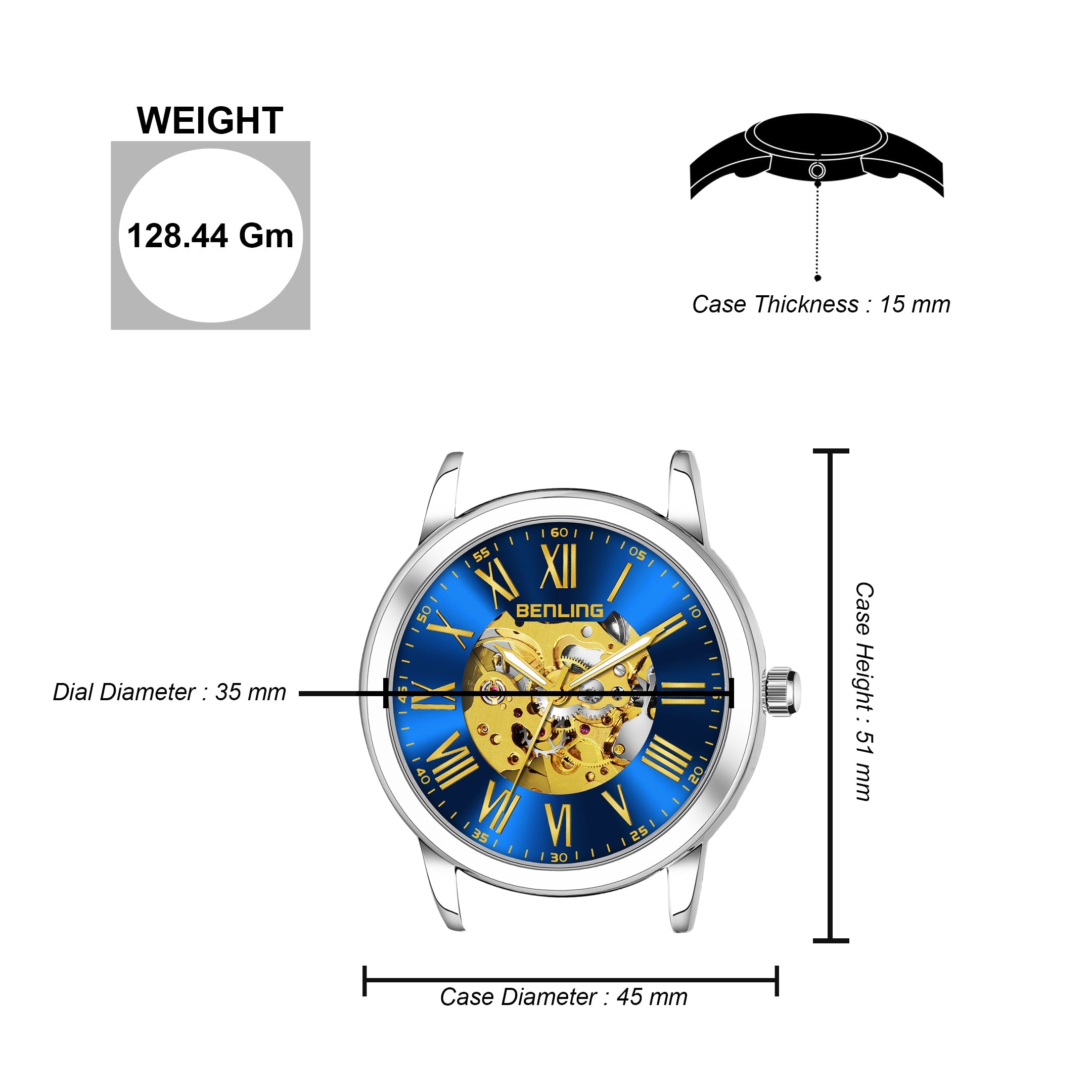 Benling Automatic Skeleton Mechanical Watch for Men | Self-Winding Movement | Leather & Stainless Steel Strap | Open Gear Dial | Luxury Casual & Formal Wear