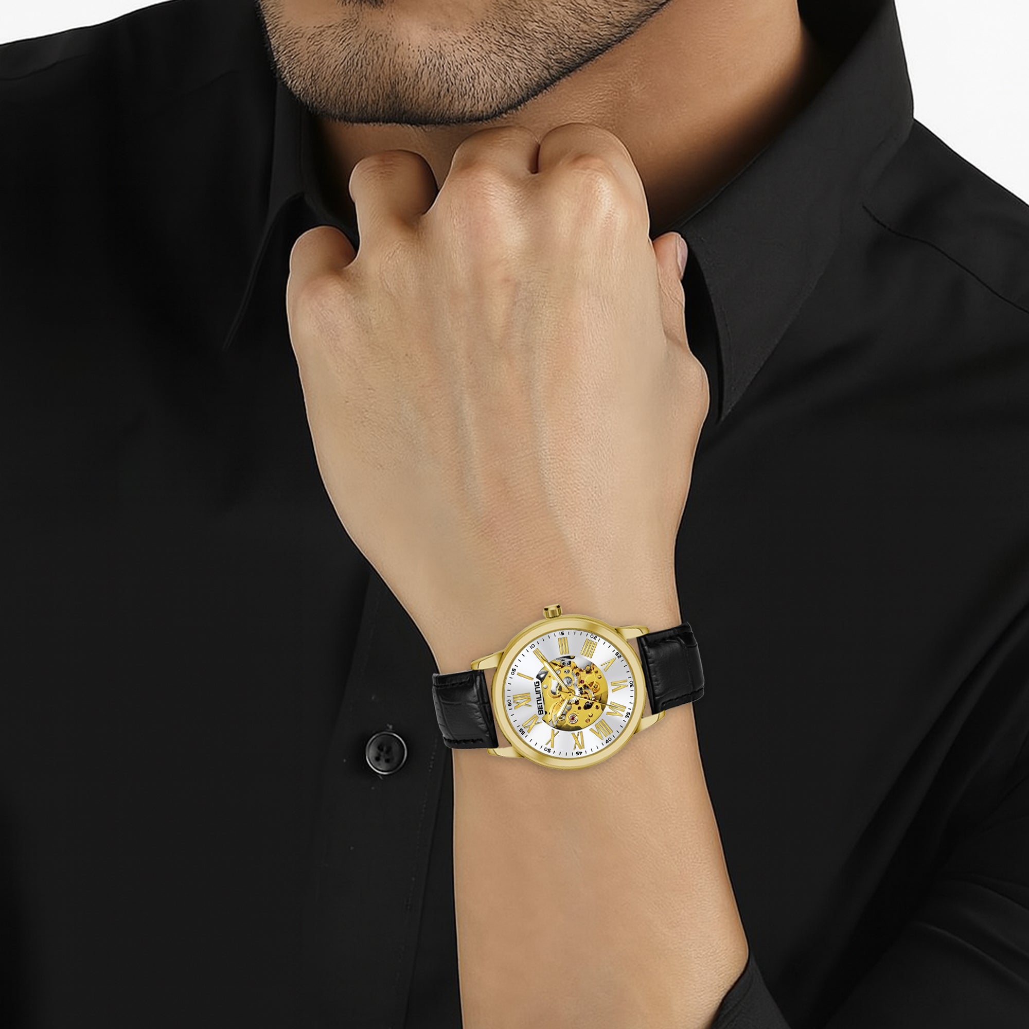 Benling Automatic Skeleton Mechanical Watch for Men | Self-Winding Movement | Leather & Stainless Steel Strap | Open Gear Dial | Luxury Casual & Formal Wear