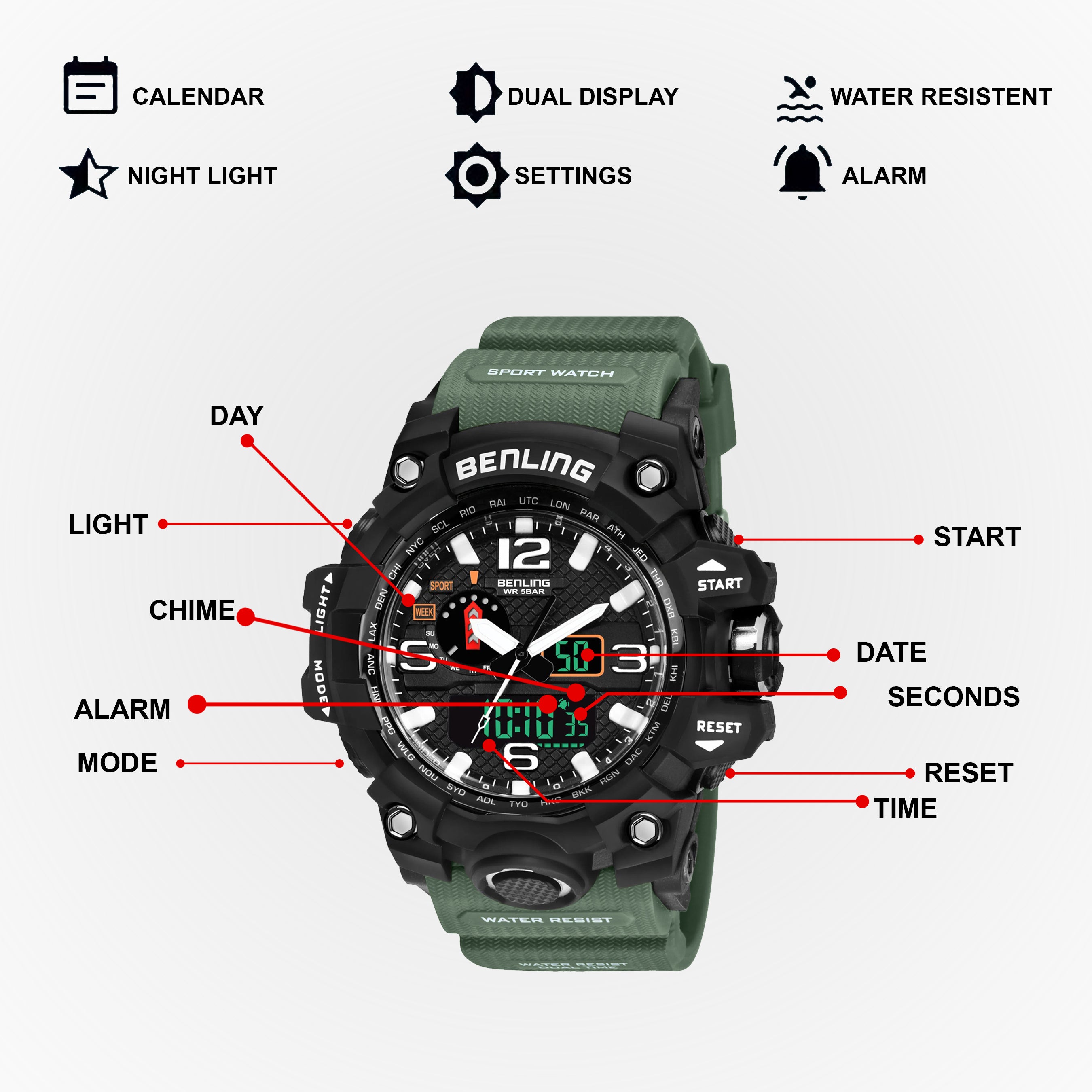 Benling EL Backlight Analog Digital Watch-SKBLANDG-6002