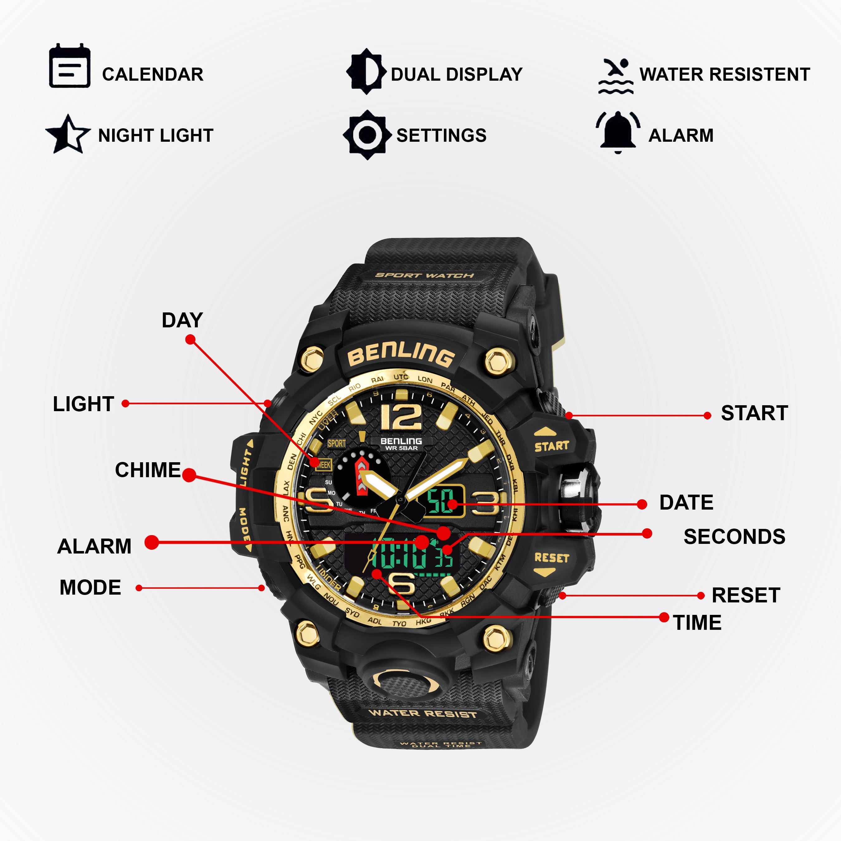 Benling EL Backlight Analog Digital Watch-SKBLANDG-6002